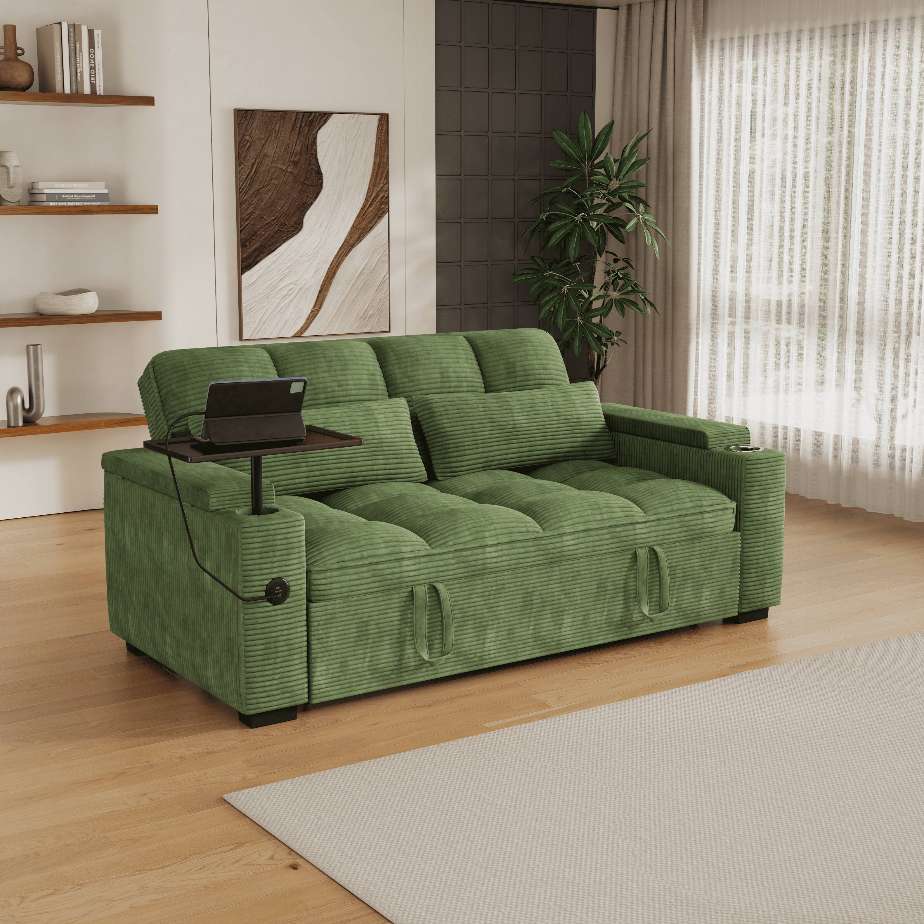 Angle. Anysun - 65" 3-in-1 Corduroy Convertible Sofa Bed - Pullout Design with 360° Swivel Table, Easy Assembly for Living Room - Green.
