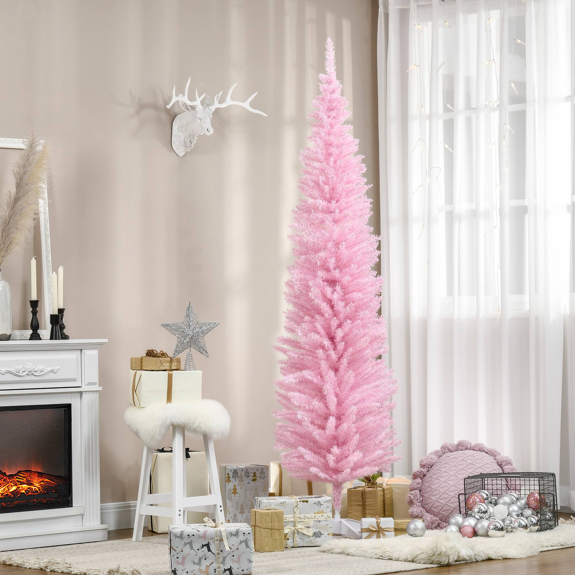 Alt View 1. Homcom - Artificial Pencil Christmas Tree, Slim Xmas Tree with 499 Realistic Branch Tips and Plastic Stand - pink.