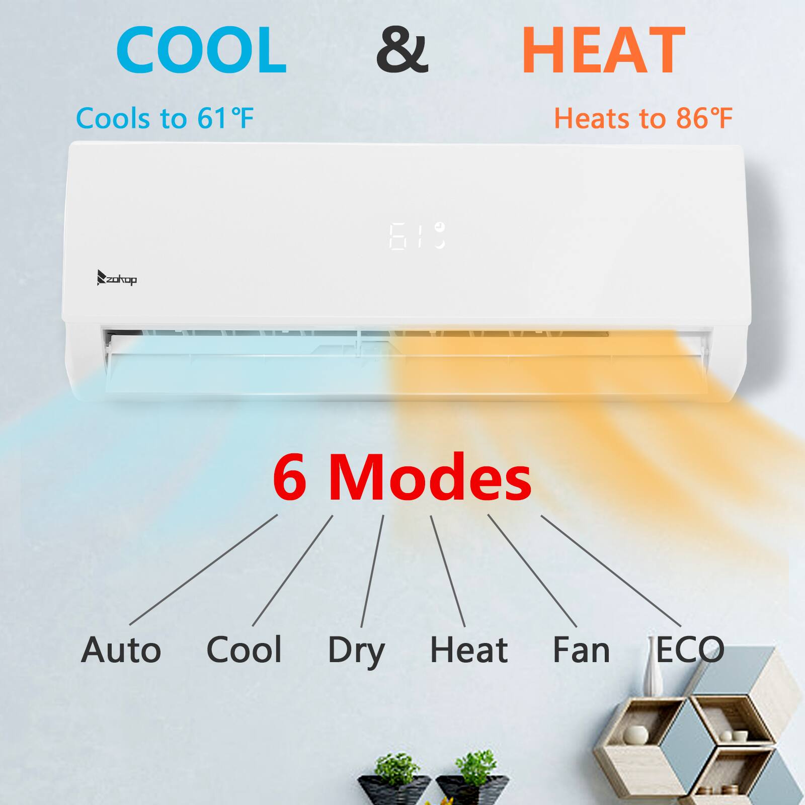 COOL & HEAT  
Cools to 61°F  
Heats to 86°F  

6 Modes  
Auto  
Cool  
Dry  
Heat  
Fan  
ECO