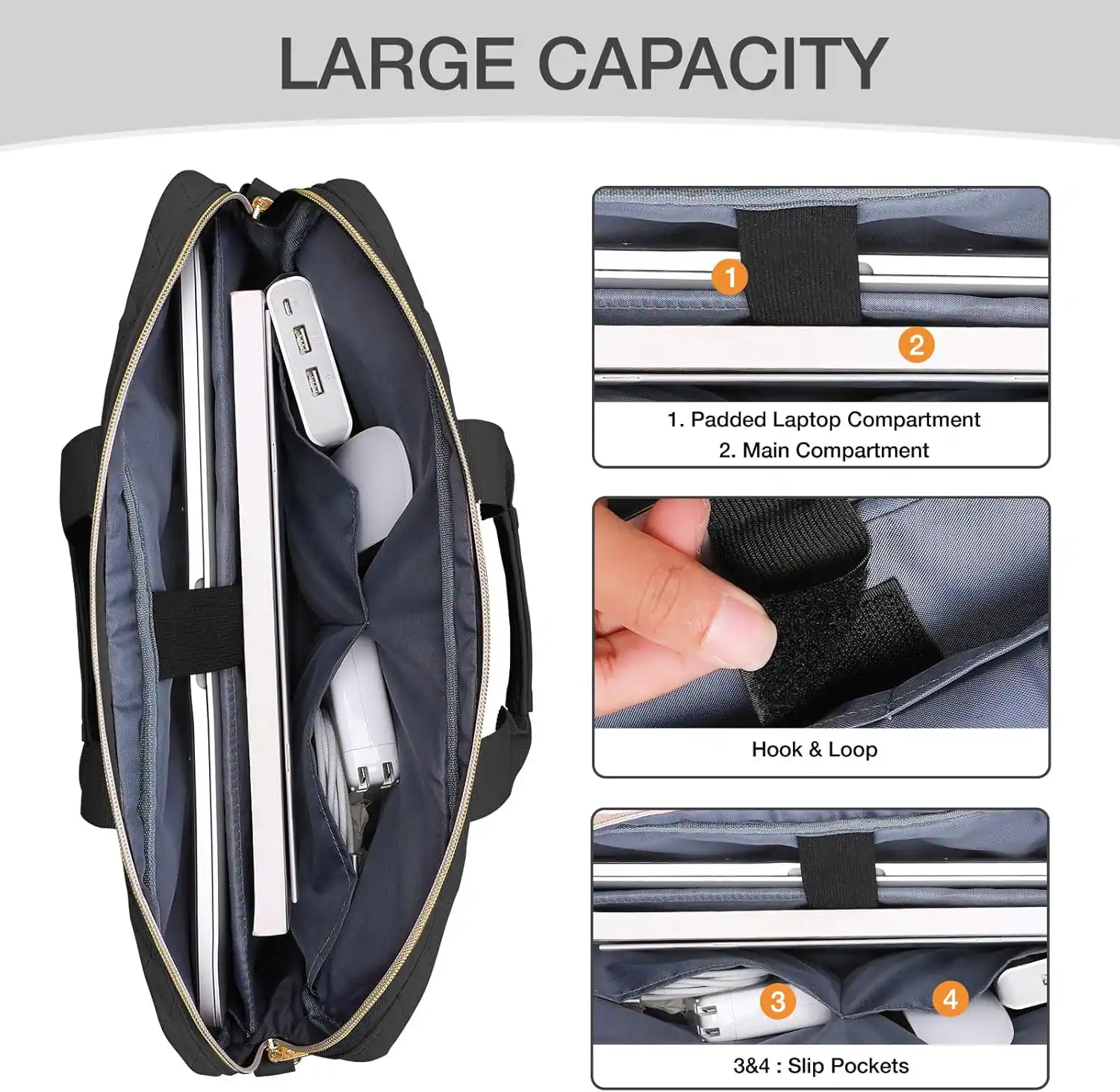 LARGE CAPACITY

1. Padded Laptop Compartment
2. Main Compartment

Hook & Loop

3&4: Slip Pockets