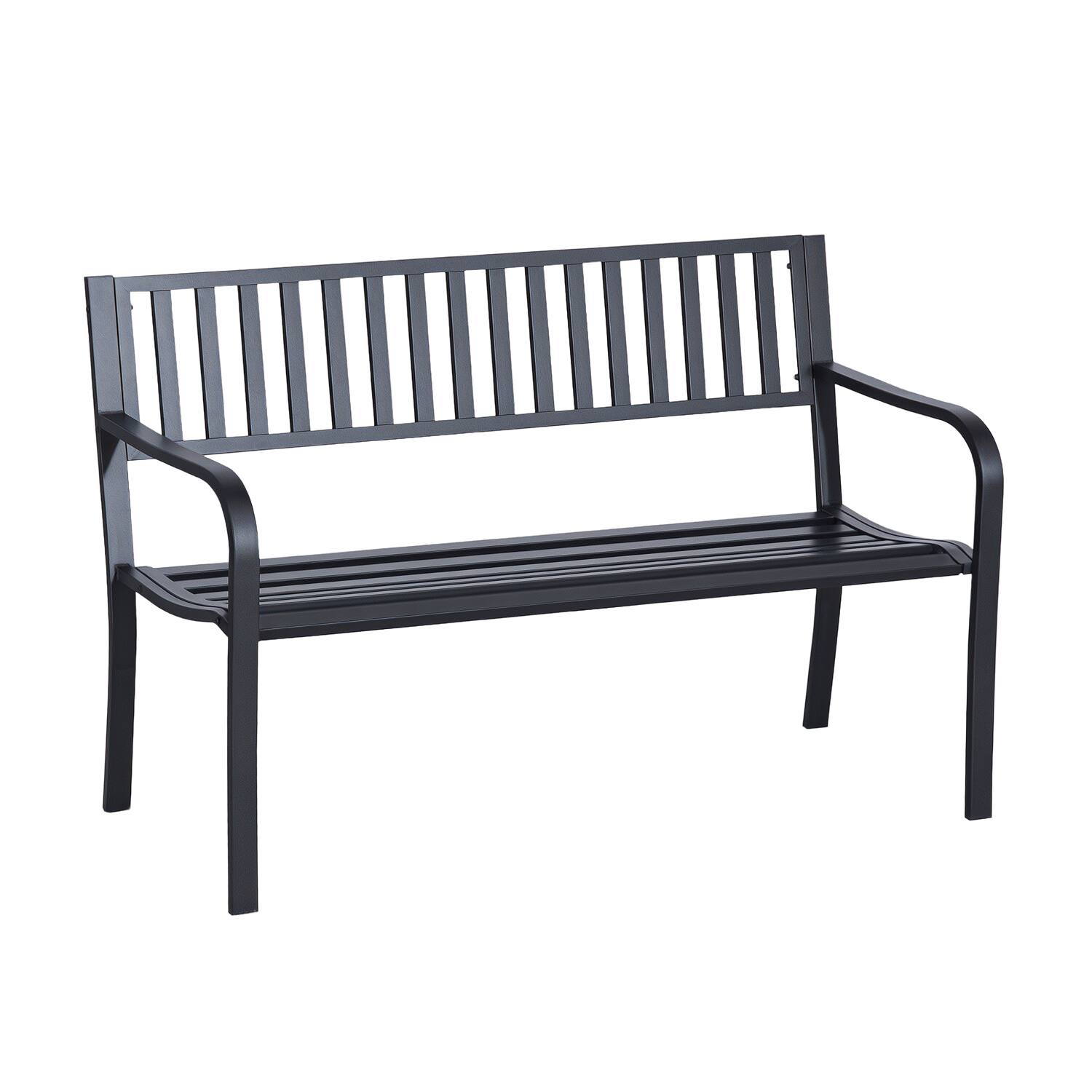 Front. Outsunny - 50" Outdoor Garden Bench, Patio Bench with Slatted Seat, Metal Porch Bench for Backyard, Poolside, Lawn - Black.