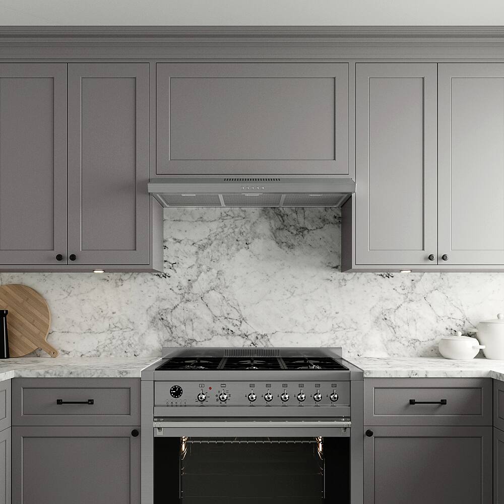 Left. Streamline - 36 in. Viterbo Ductless Undermount 80 CFM Range Hood, Mesh Filters, Push Button Control, LED Light - Brushed Stainless Steel.