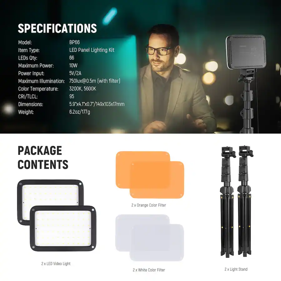 Neewer 2 Pack LED Video Light Kit Bi Color Dimmable Panels with Stands ...