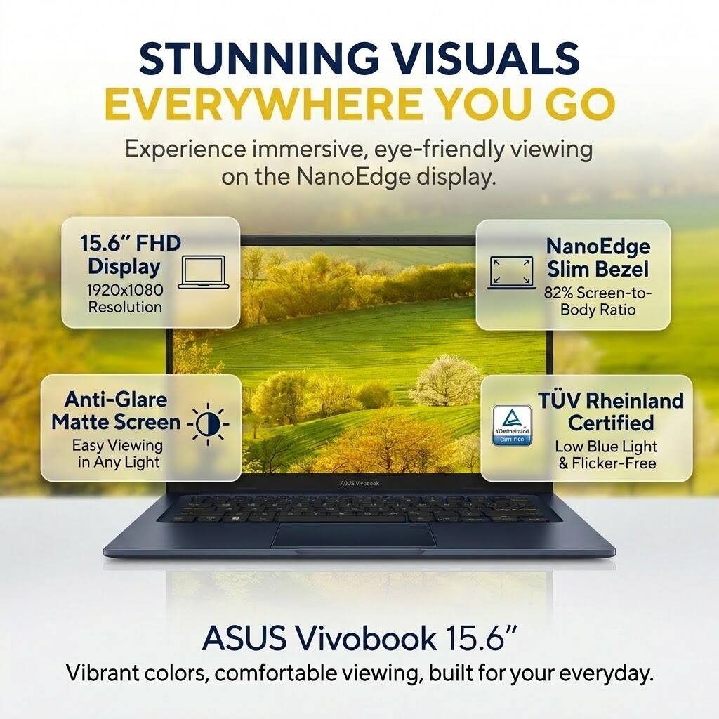 STUNNING VISUALS EVERYWHERE YOU GO  
Experience immersive, eye-friendly viewing on the NanoEdge display.  

15.6" FHD Display  
1920x1080 Resolution  

NanoEdge Slim Bezel  
82% Screen-to-Body Ratio  

Anti-Glare Matte Screen  
Easy Viewing in Any Light  

TÜV Rheinland 10efneirsand Certified  
Low Blue Light & Flicker-Free  

ASUS Vivobook 15.6"  
Vibrant colors, comfortable viewing, built for your everyday.