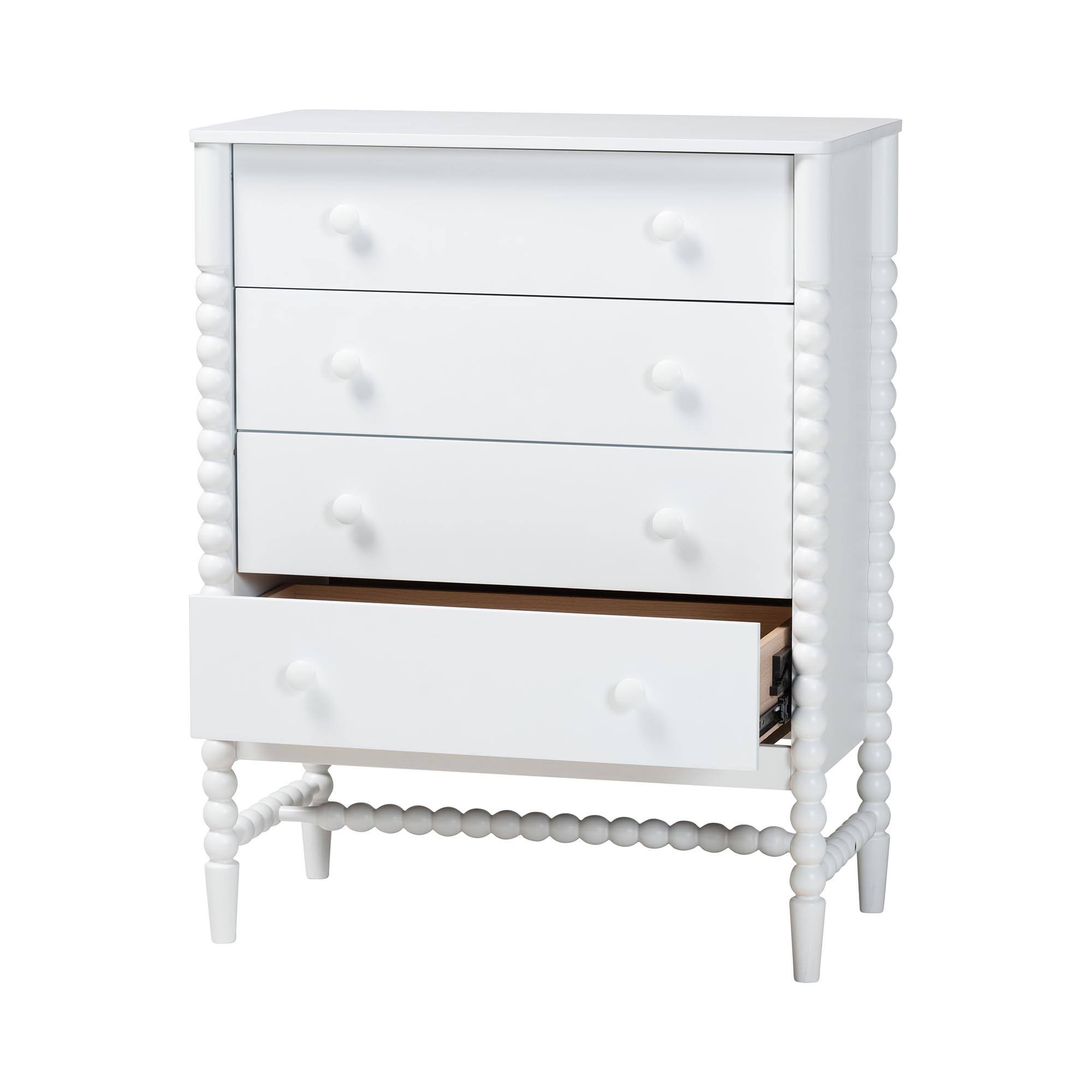 Angle. Baxton Studio - Brantley Spindle Chest - 4-Drawer Vertical Storage Cabinet with Beaded Frame and Elevated Base for Bedroom - White.