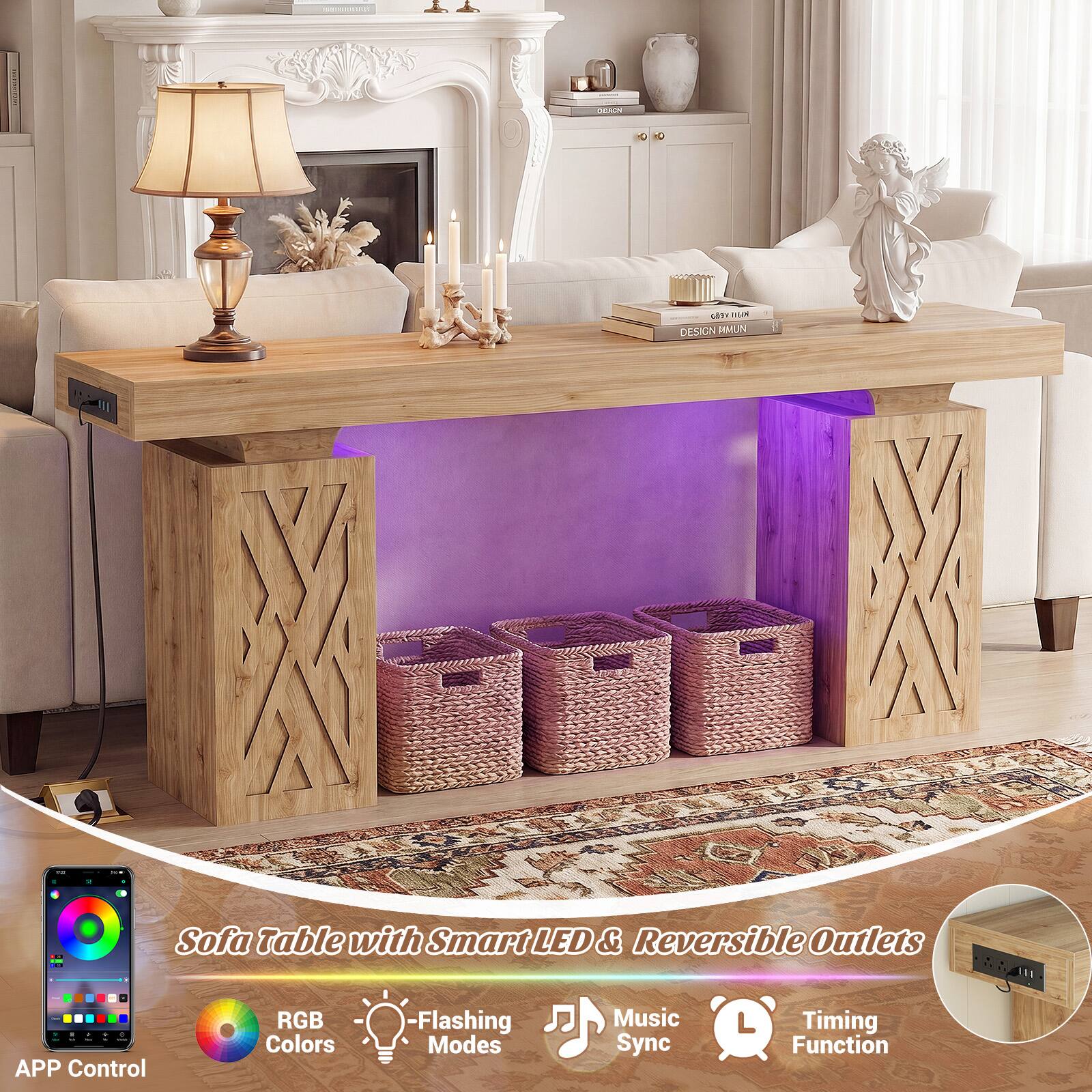 Sofa Table with Smart LED & Reversible Outlets  
RGB - Flashing Music Timing - Colors Modes Sync Function  
APP Control