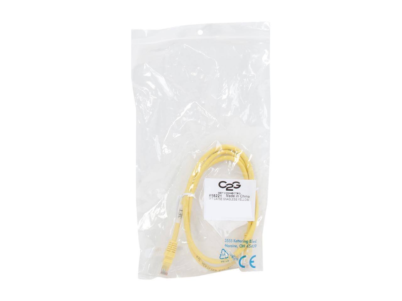C2G OET CONNECTED  
#15221  
Made in China  
ET CAT5E SNAGLESS YELLOW  
3FT  
3555 Kettering Blvd  
Moraine, OH 45439  
14 CTL PE-LD  
CE VERIFIED