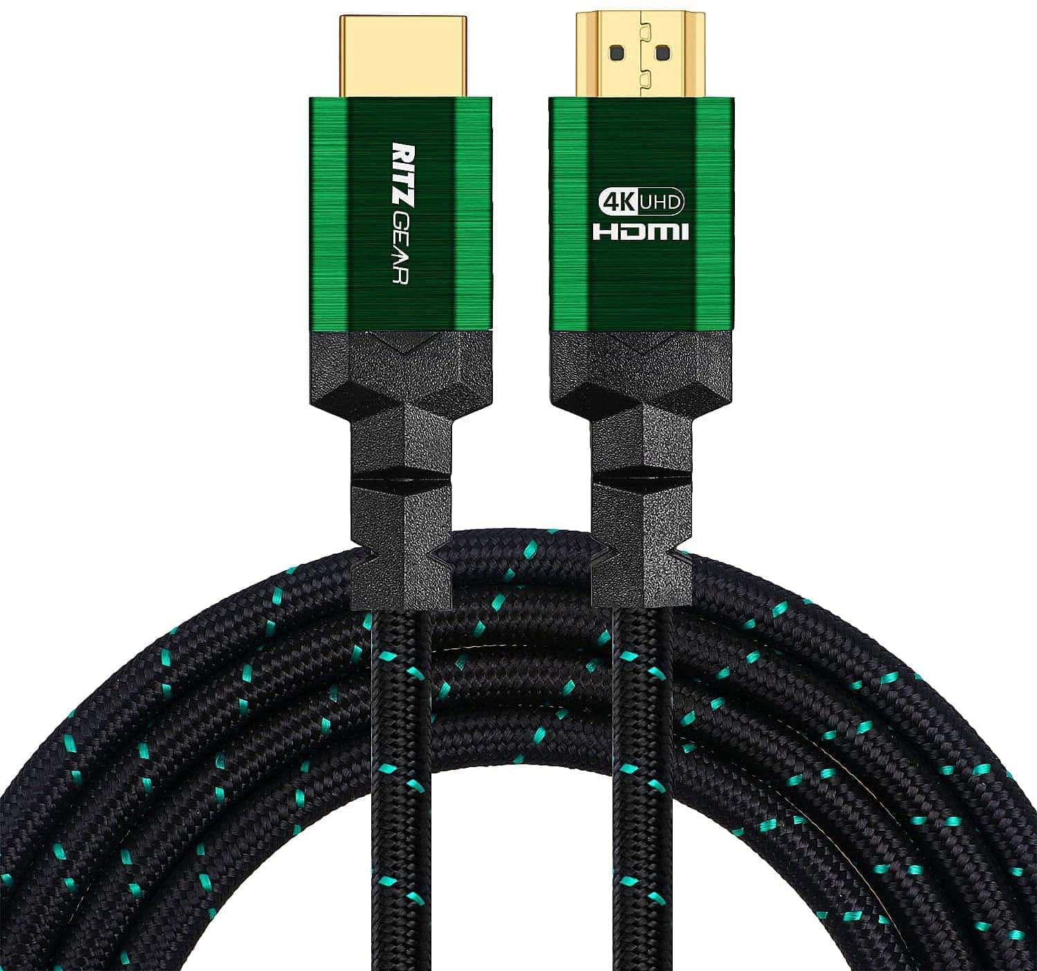 4K HDMI Cable 10 ft [5-Pack] Braided Nylon Cord & 24K Gold Connectors | Ritz Gear HDMI 2.0 w/ Ethernet - Green
