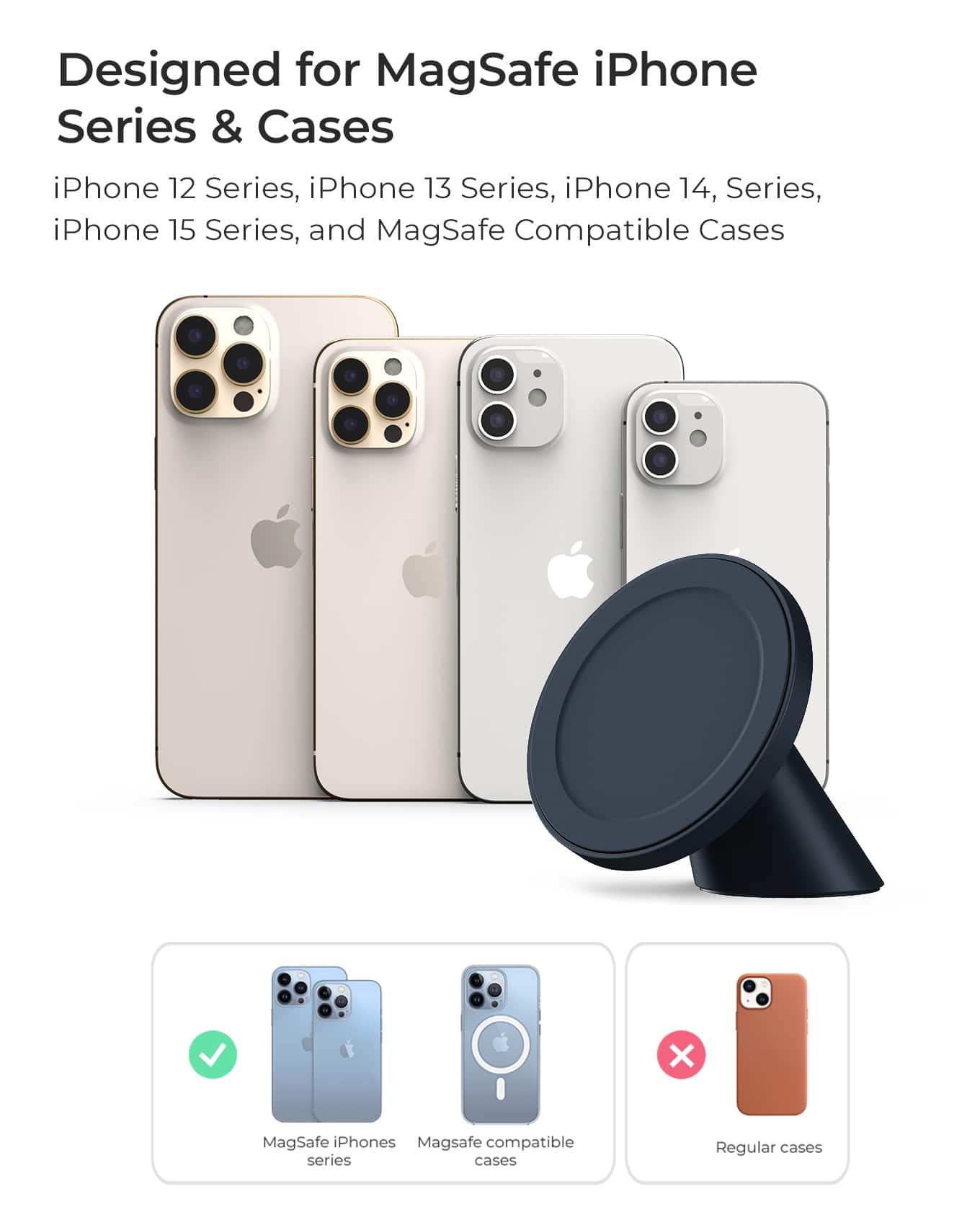 Designed for MagSafe iPhone Series & Cases: iPhone 12 Series, iPhone 13 Series, iPhone 14 Series, iPhone 15 Series, and MagSafe Compatible Cases.