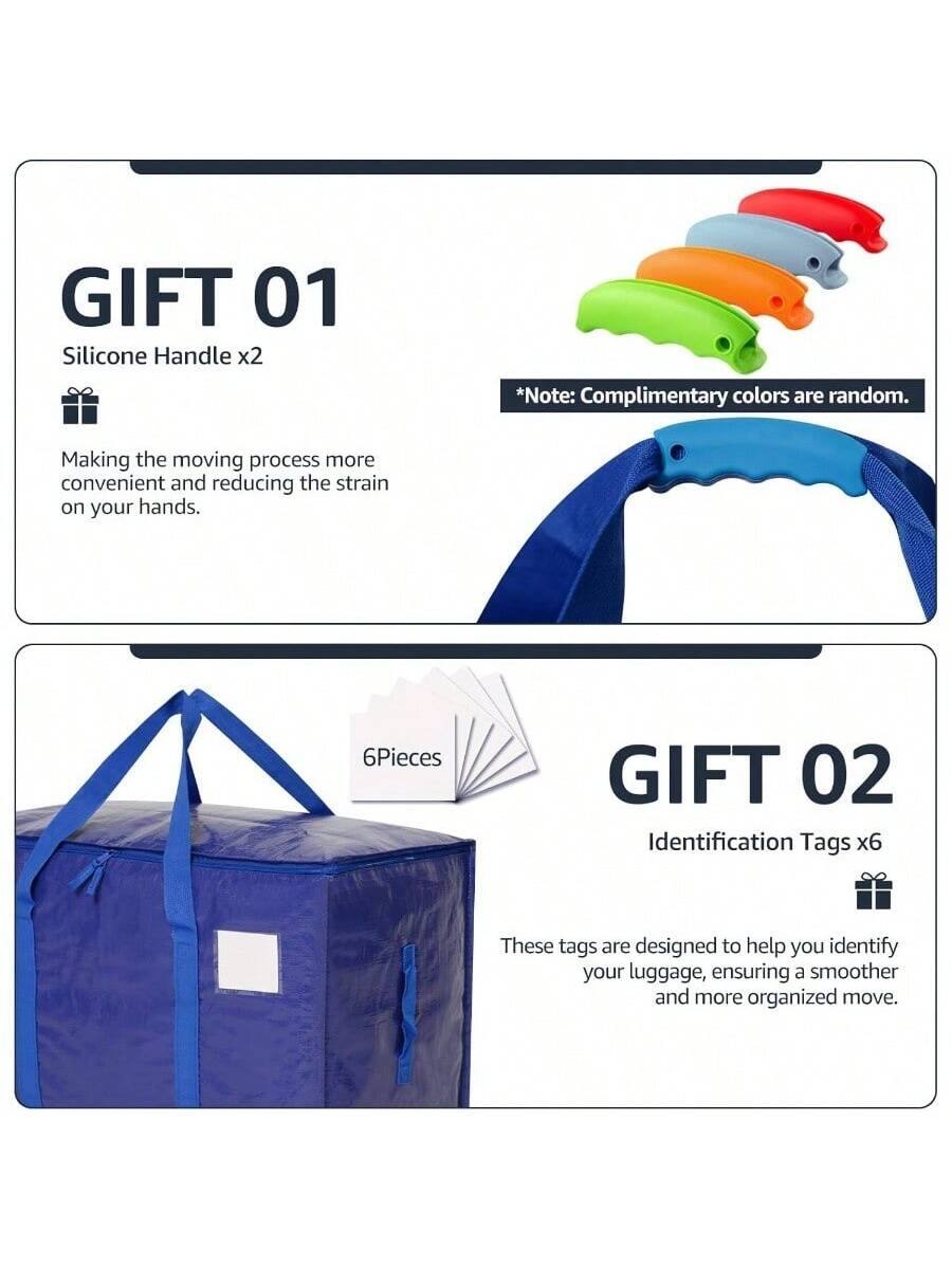 **GIFT 01**  
Silicone Handle x2  
*Note: Complimentary colors are random.*  
Making the moving process more convenient and reducing the strain on your hands.

**GIFT 02**  
Identification Tags x6  
These tags are designed to help you identify your luggage, ensuring a smoother and more organized move.