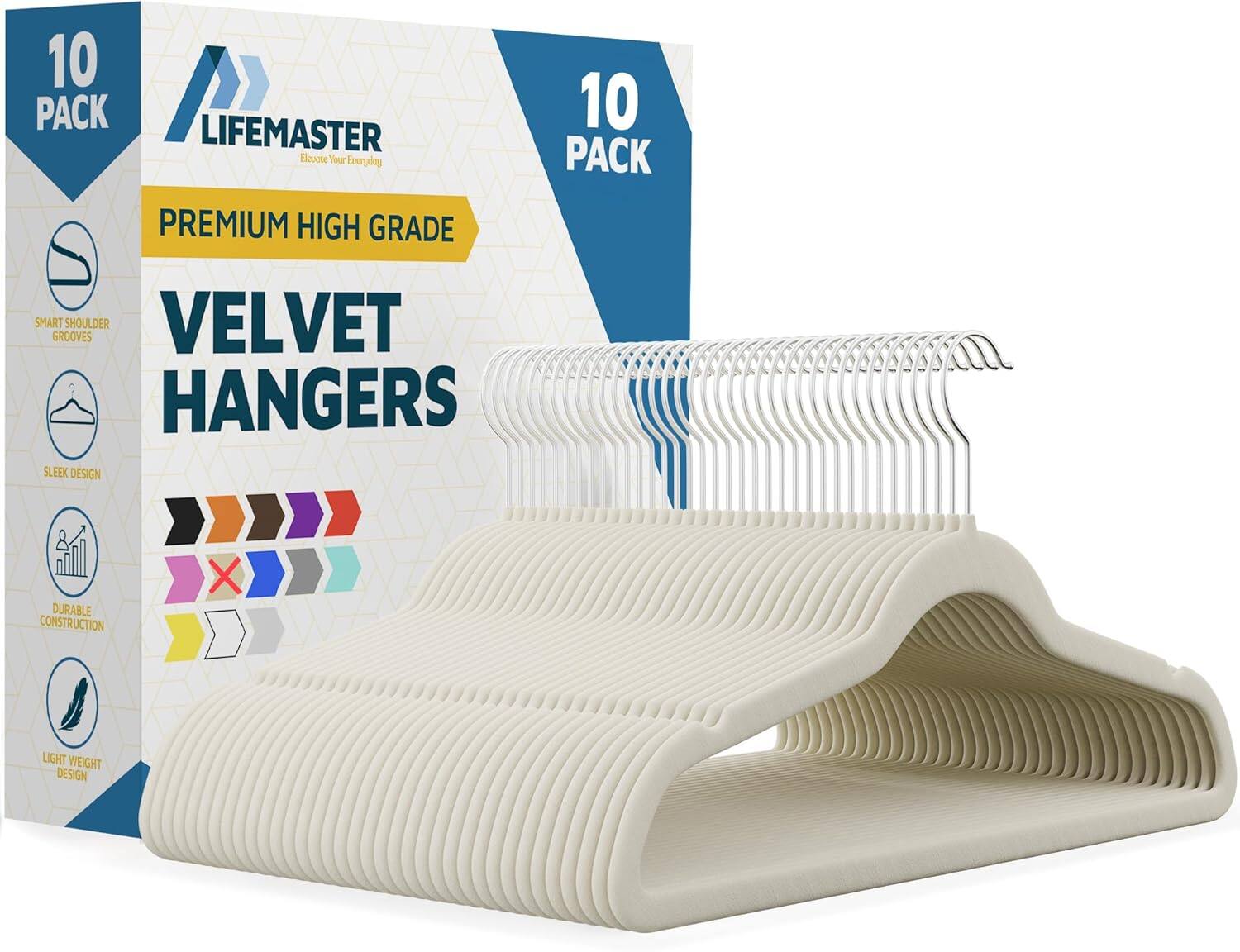 Lifemaster - Velvet Hangers – Pack of 10, 360° Swivel Hook, Non-Slip Shoulders, Holds 10 lbs, for Suits, Coats, Dresses & More - Ivory