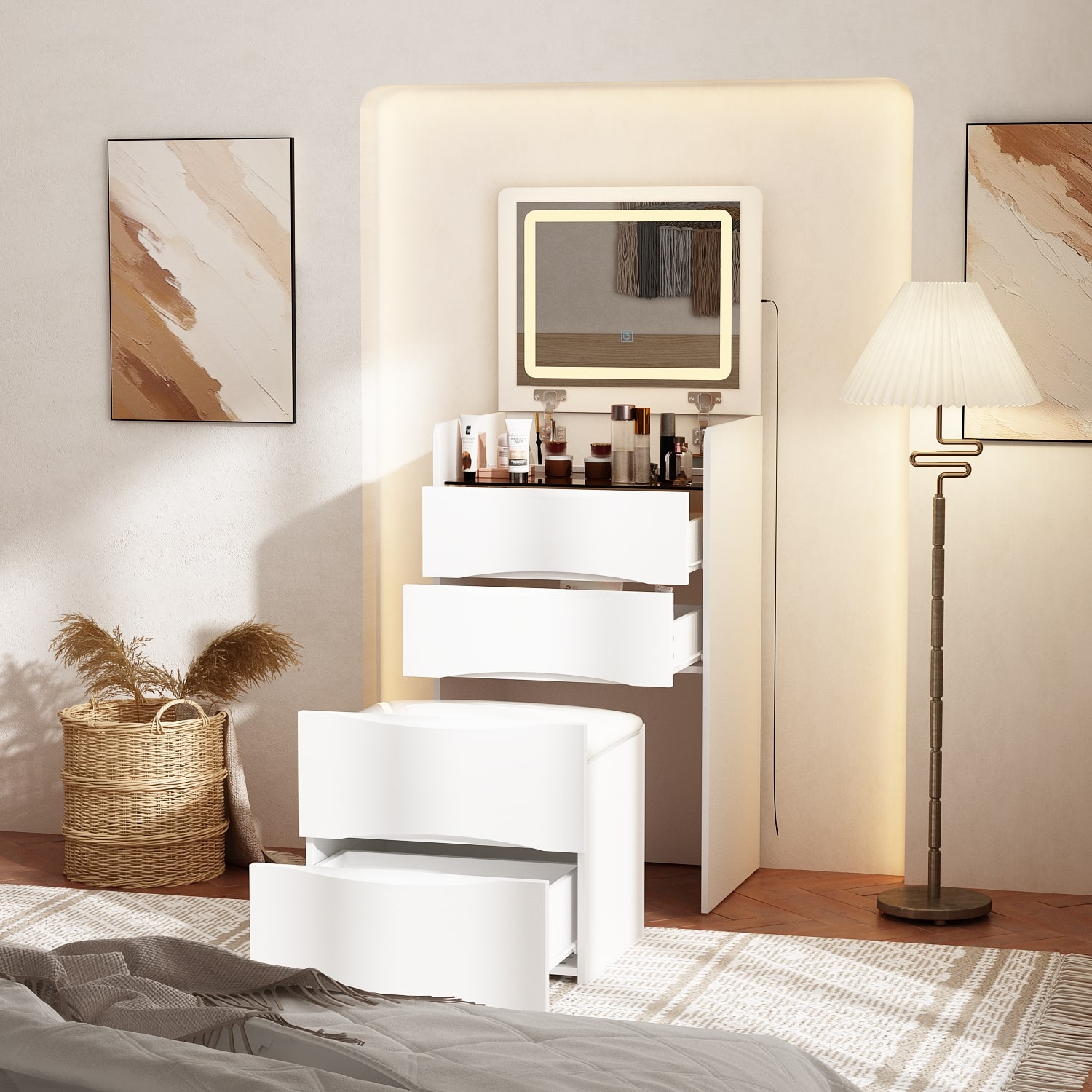 Front. Famapy - 3-in-1 Flip-Top Vanity Desk: Space-Saving LED Makeup Station, Nightstand & Desk with Storage Stool - White.