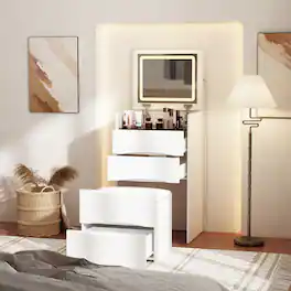 Famapy - 3-in-1 Flip-Top Vanity Desk: Space-Saving LED Makeup Station, Nightstand & Desk with Storage Stool - White