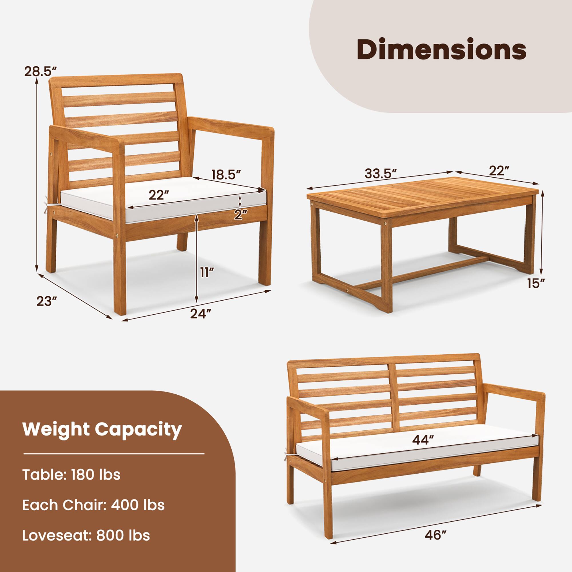 The image shows a wooden bench with a table and two chairs. The table has a weight capacity of 180 lbs, while each chair has a weight capacity of 400 lbs. The loveseat has a weight capacity of 800 lbs. The bench is 28.5 inches in length, and the table is 22 inches in length. The table is 18.5 inches in width, and the bench is 22 inches in width. The bench is 2 inches in height, and the table is 11 inches in height. The table is 24 inches in height, and the chairs are 15 inches in height.