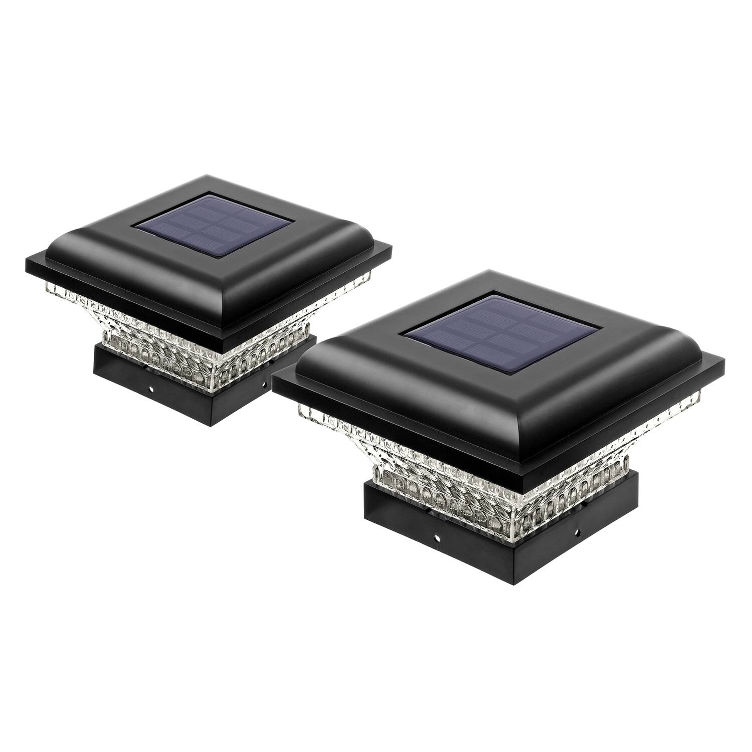 Left. Home Zone Security - Outdoor Solar Post Cap Lights for 3.5" x 3.5" and 4" x 4" Posts, 2 Pack - Black.