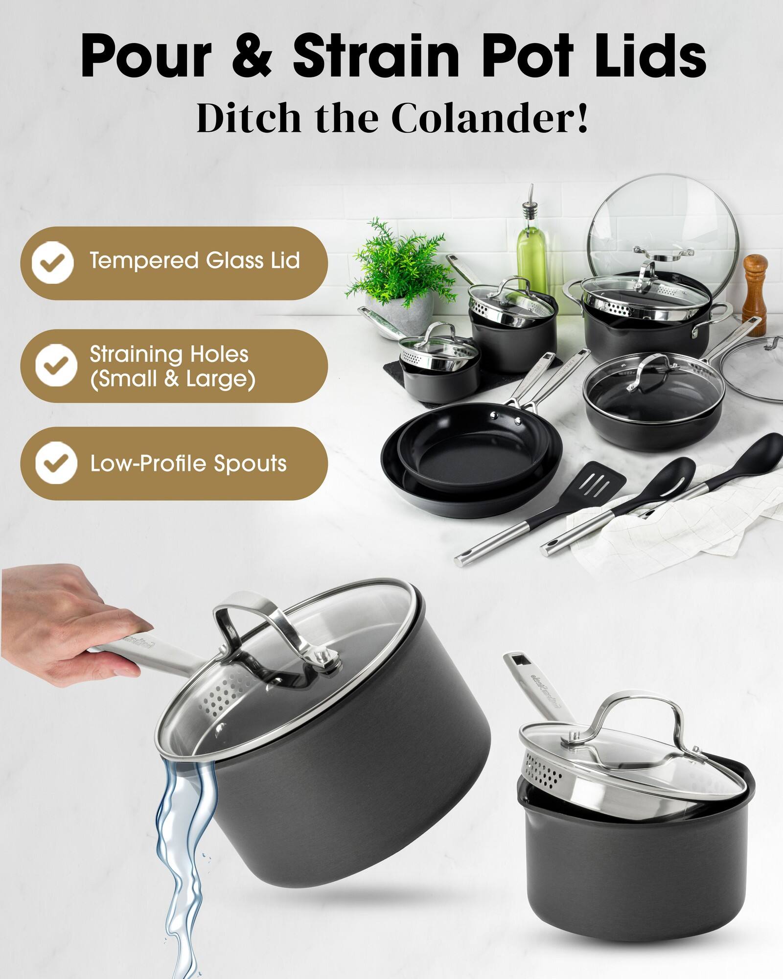 Pour & Strain Pot Lids Ditch the Colander! Tempered Glass Lid Straining Holes (Small & Large) Low-Profile Spouts