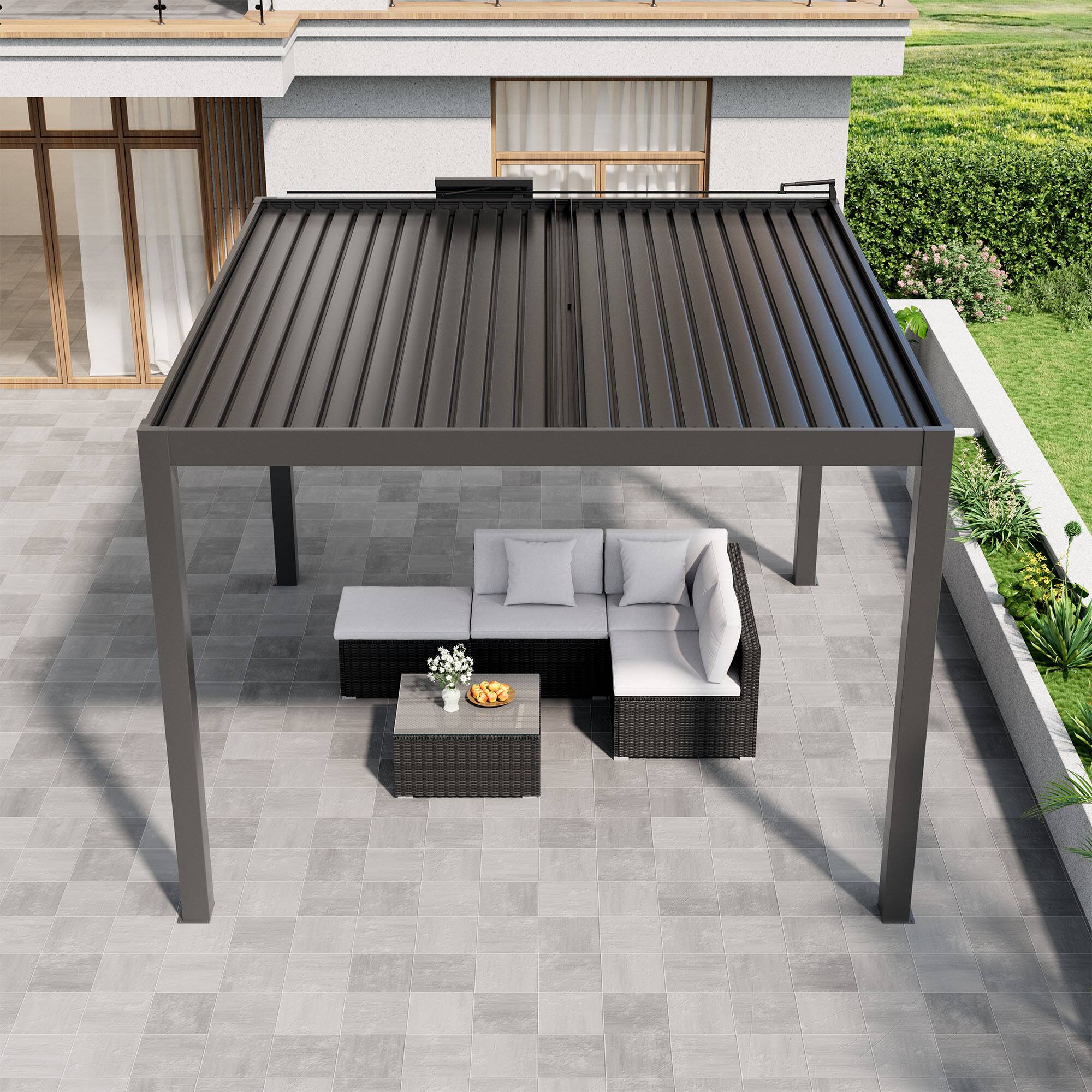 Left. Mondawe - 13ft x 12ft Solar-Powered Aluminum Pergola with Adjustable Louvers,Remote Control and Hidden Drainage System - Grey.