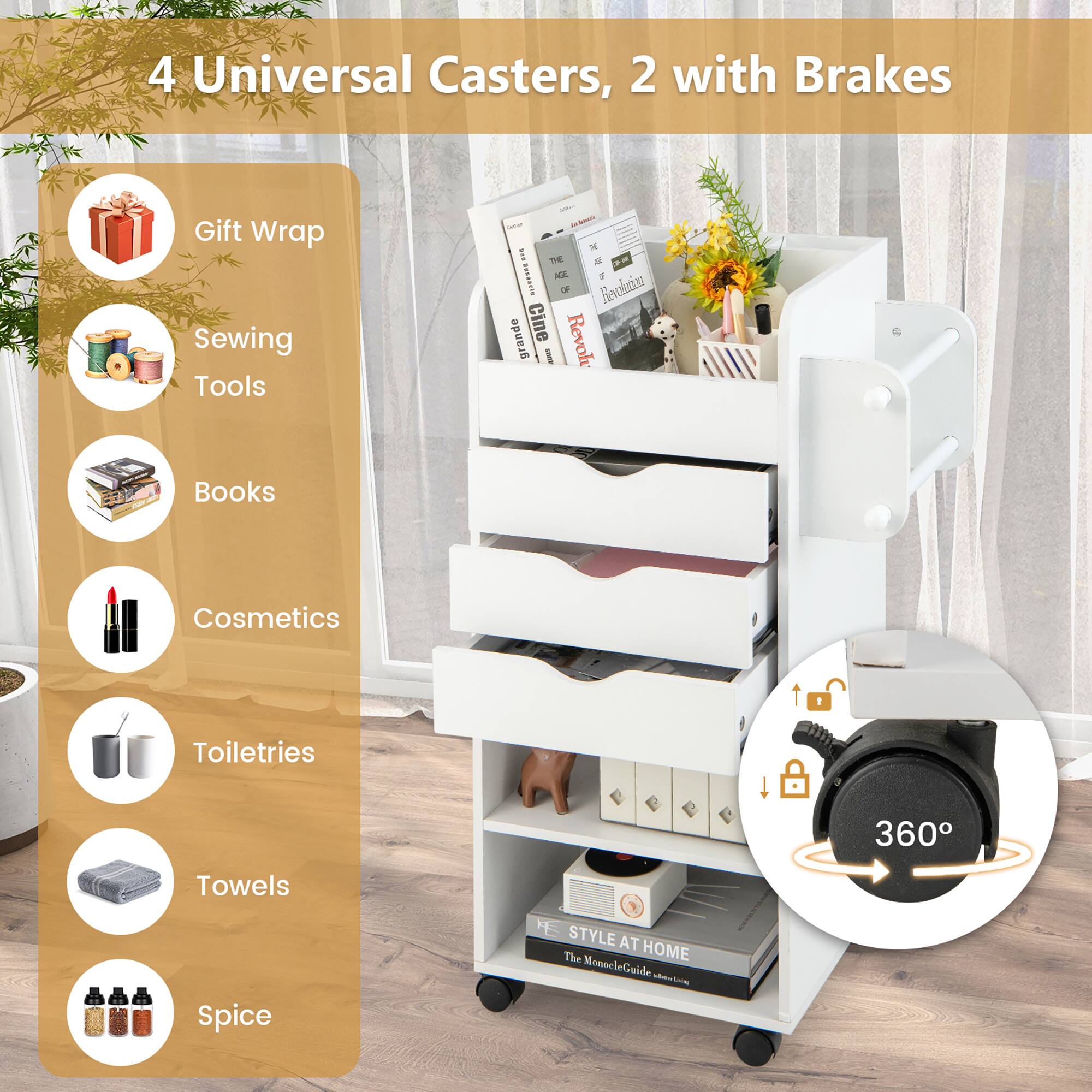 4 Universal Casters, 2 with Brakes

- Gift Wrap
- Sewing Tools
- Books
- Cosmetics
- Toiletries
- Towels
- Spice

360°