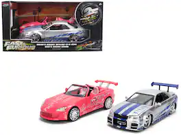 Brian's Nissan Skyline GT-R (R34) Silver Metallic w/Blue & Suki's Honda S2000 Pink with Graphics 1/24 Model Cars by Jada