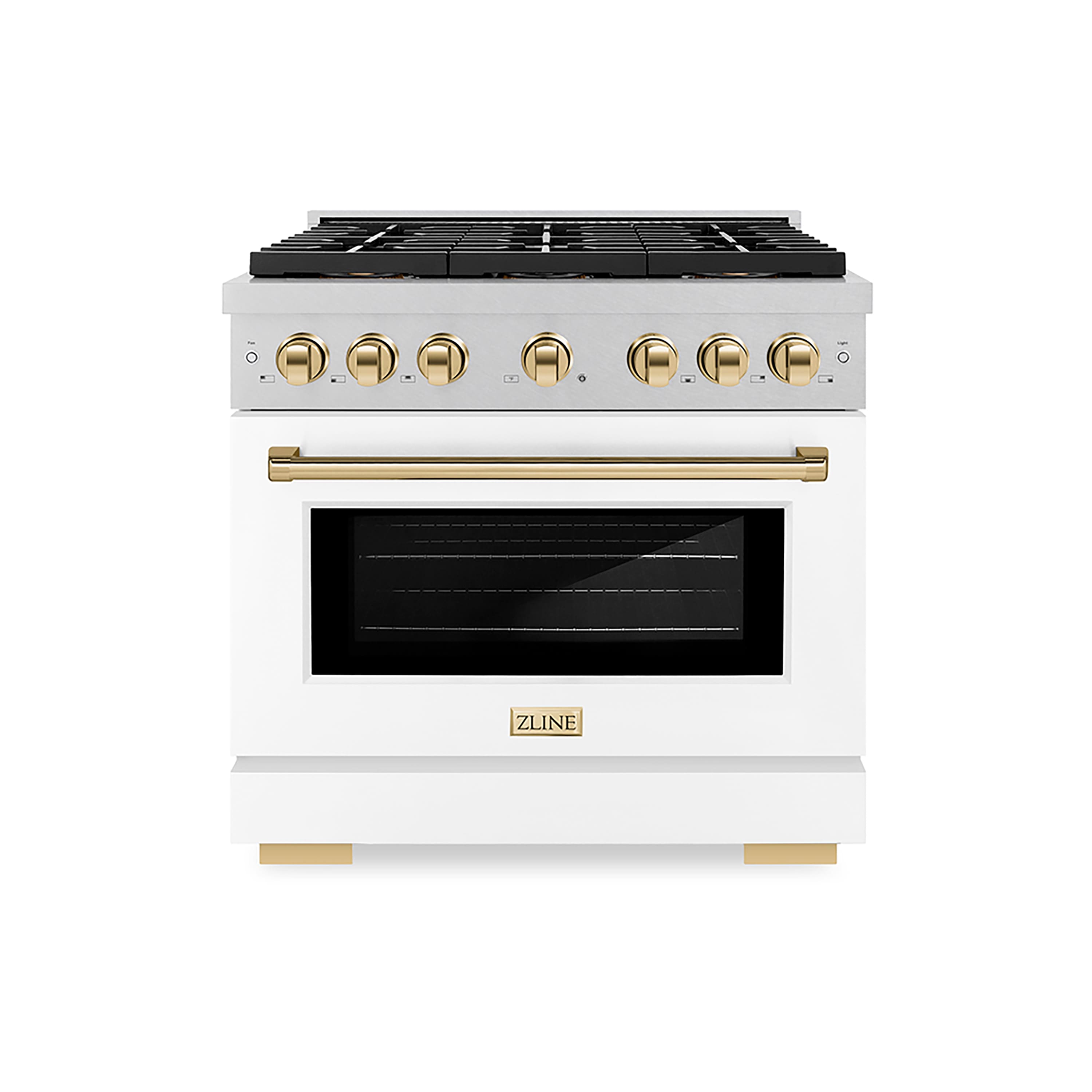 ZLINE - Autograph 36 in. 5.2 cu. ft. Freestanding Paramount Gas DuoPro Range in Satin Steel with White Door and Gold Accents - White Matte