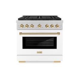 ZLINE - Autograph 36 in. 5.2 cu. ft. Freestanding Paramount Gas DuoPro Range in Satin Steel with White Door and Gold Accents - White Matte