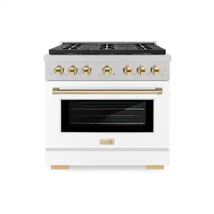 Front. ZLINE - Autograph 36 in. 5.2 cu. ft. Freestanding Paramount Gas DuoPro Range in Satin Steel with White Door and Gold Accents - White Matte.