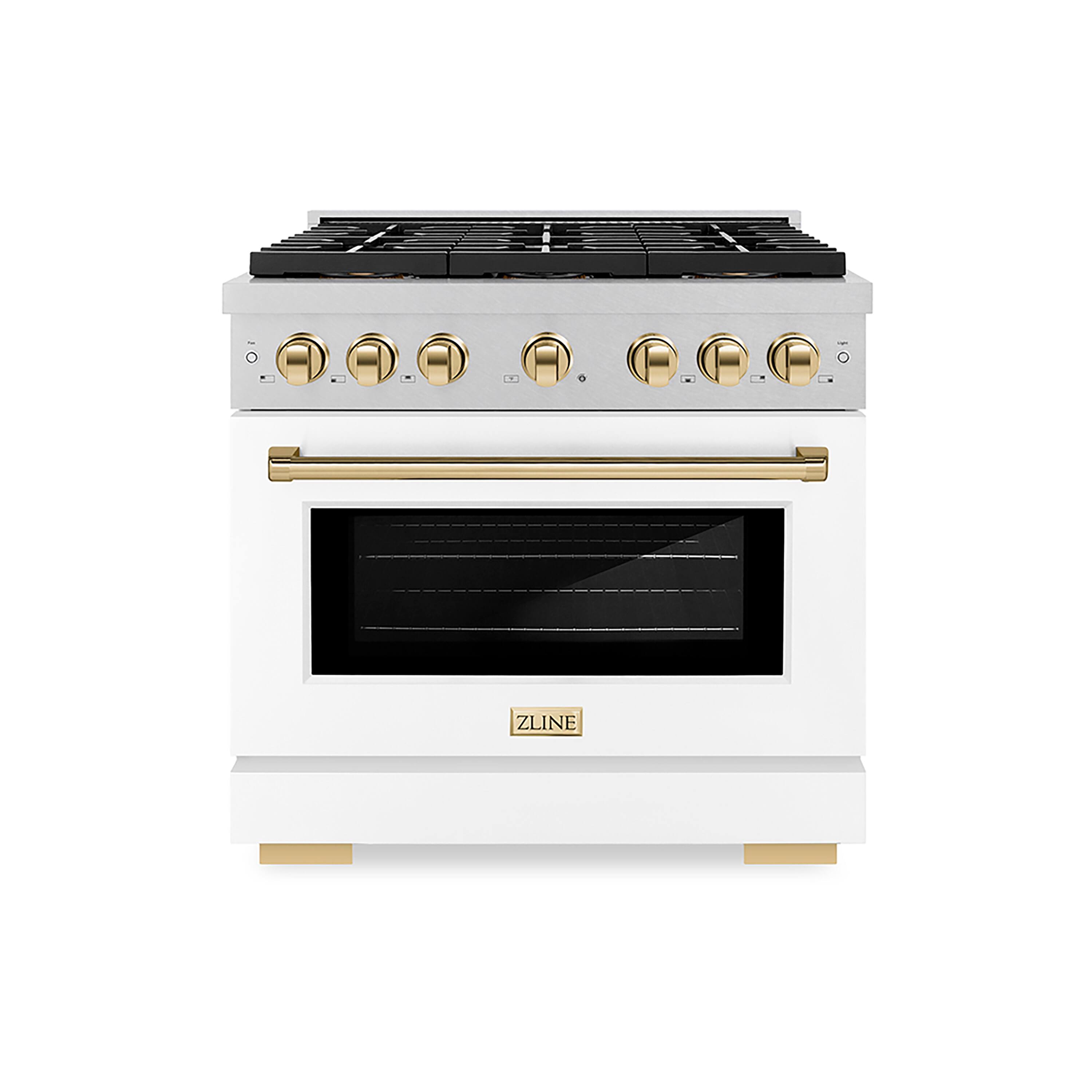Front. ZLINE - Autograph 36 in. 5.2 cu. ft. Freestanding Paramount Gas DuoPro Range in Satin Steel with White Door and Gold Accents - White Matte.