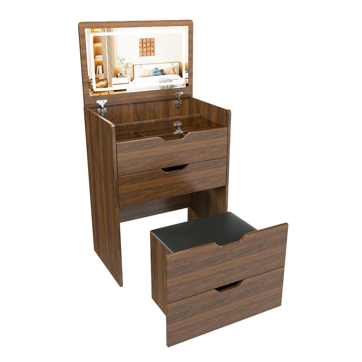 Alt View 2. Loheer - Loheer 3-in-1 Vanity Desk with Lighted Mirror, Flip-Top Storage Cabinet and Stool - Walnut.