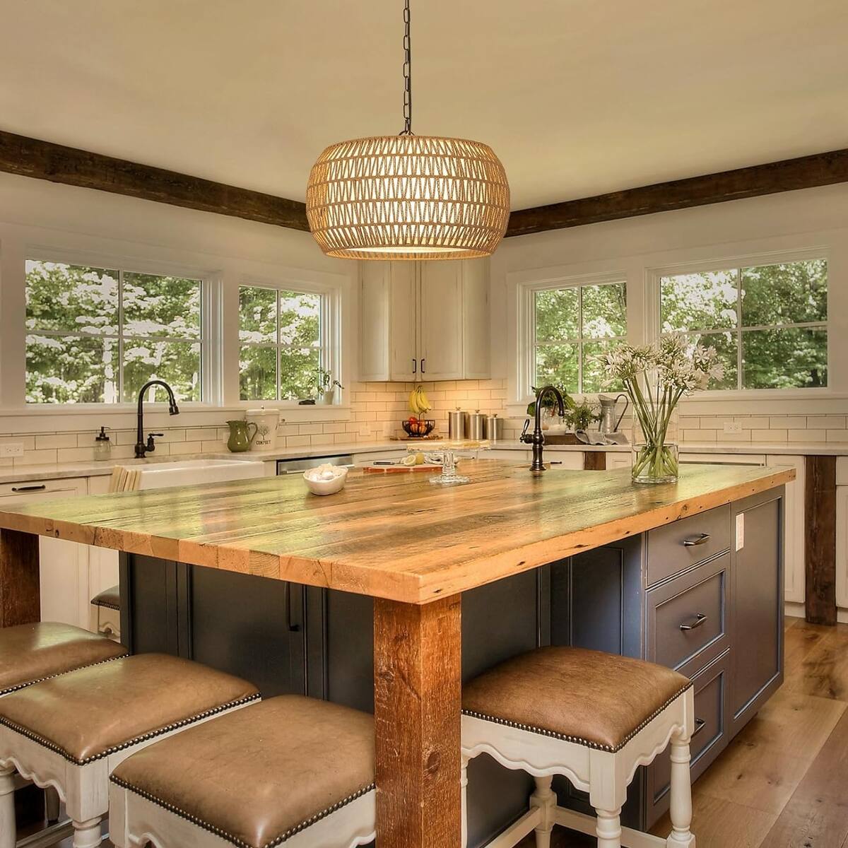 Alt View 1. Loheer - Loheer Five Light Rattan Chandelier, Brown Farmhouse Dining Room Pendant Light.