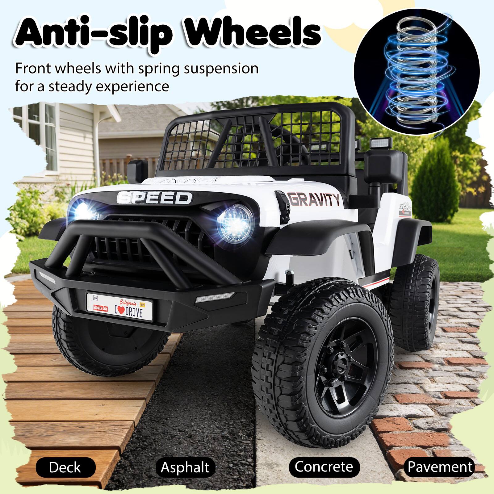 Anti-slip Wheels  
Front wheels with spring suspension for a steady experience  

M SPEED GRAVITY  
California - I DRIVE  

Deck  
Asphalt  
Concrete  
Pavement