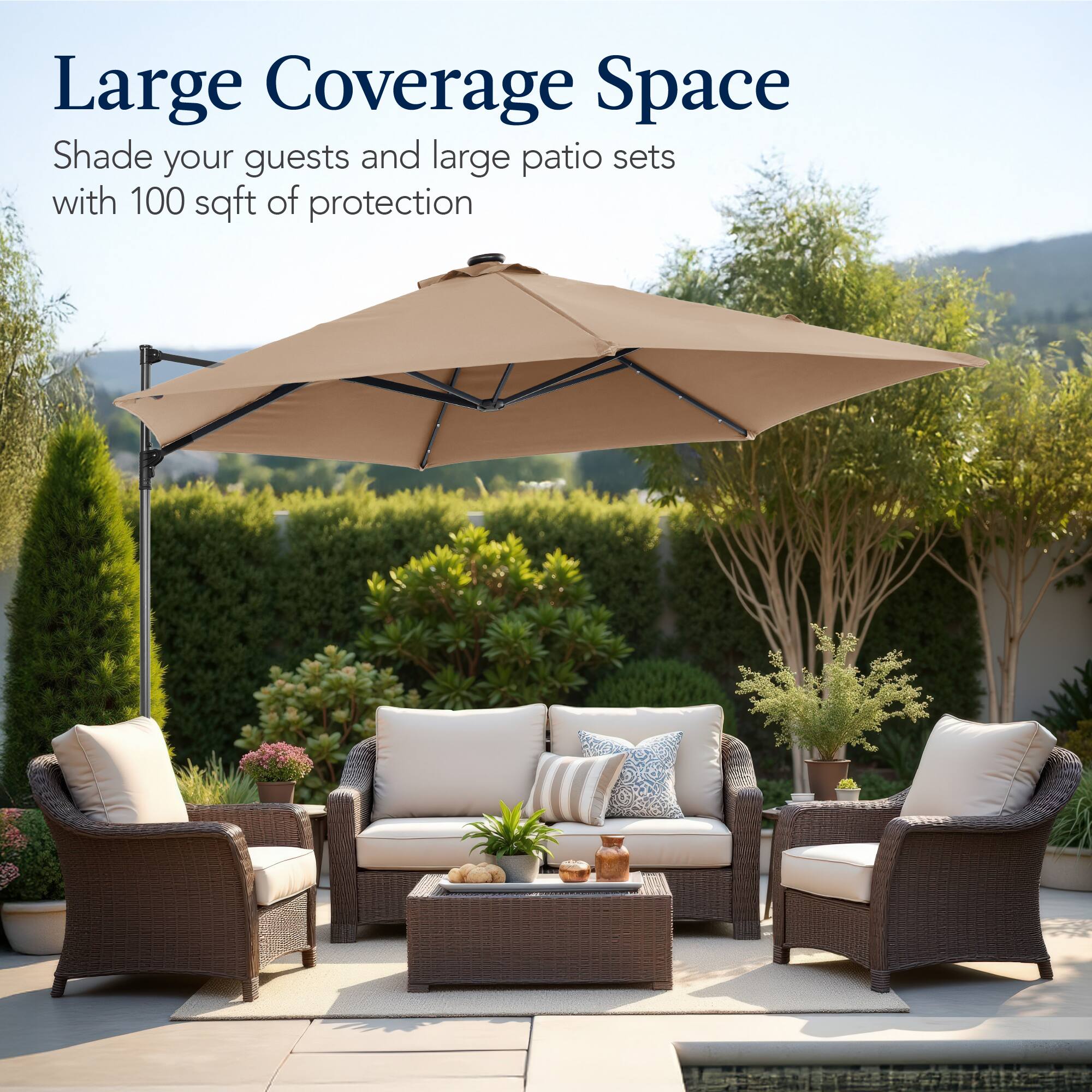 Large Coverage Space

Shade your guests and large patio sets with 100 sqft of protection.