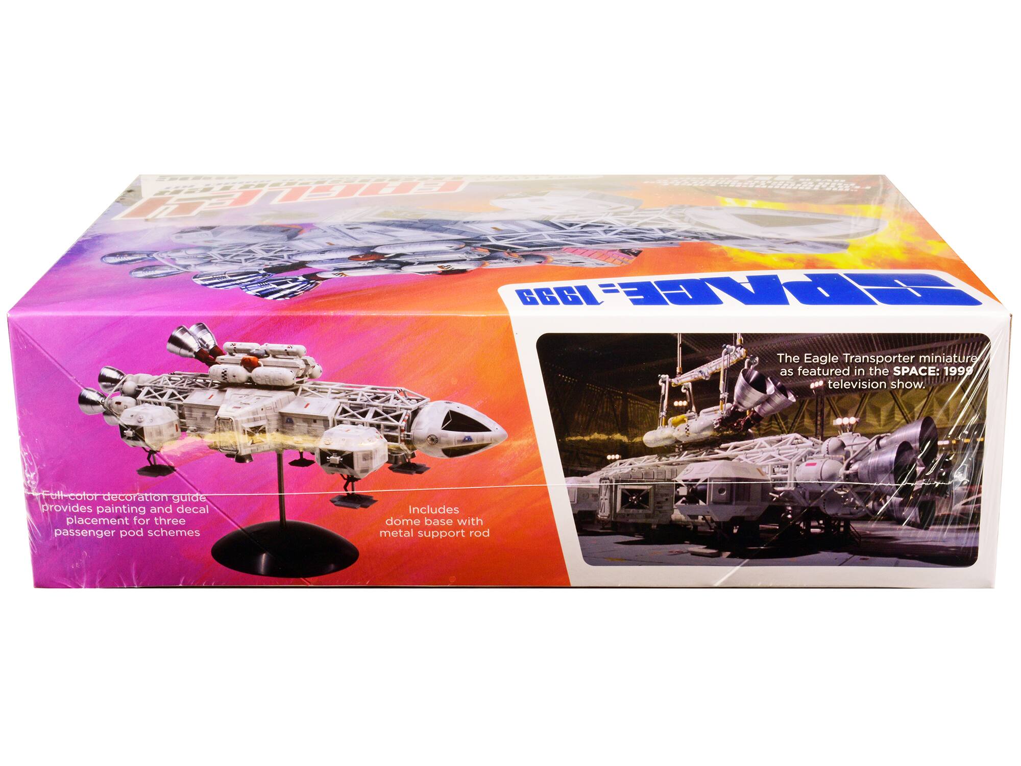 The Eagle Transporter miniature as featured in the SPACE: 1999 television show.  
Full-color decoration guide provides painting and decal placement for three passenger pod schemes.  
Includes dome base with metal support rod.