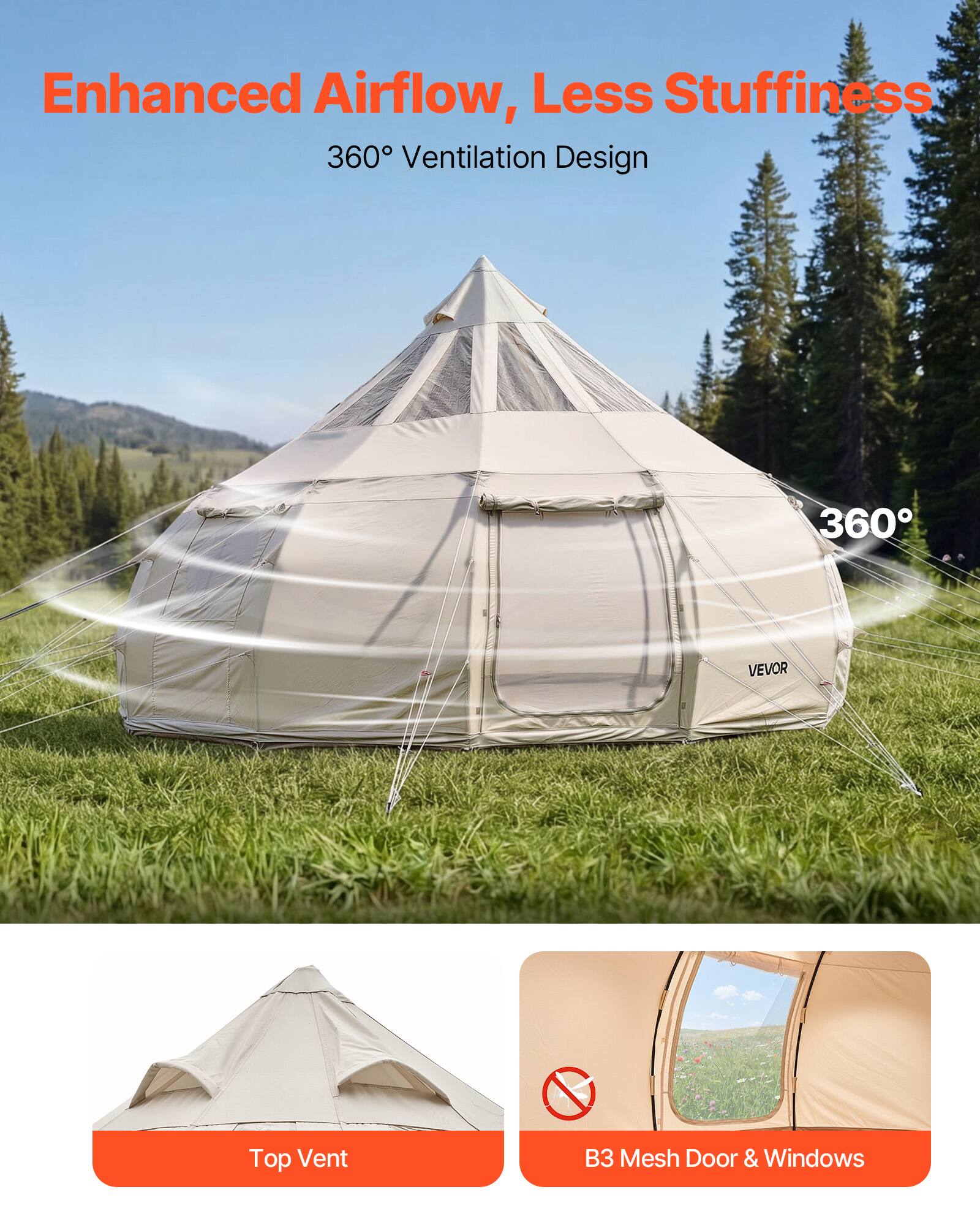 Enhanced Airflow, Less Stuffiness  
360° Ventilation Design  
360° VEVOR Top Vent  
B3 Mesh Door & Windows