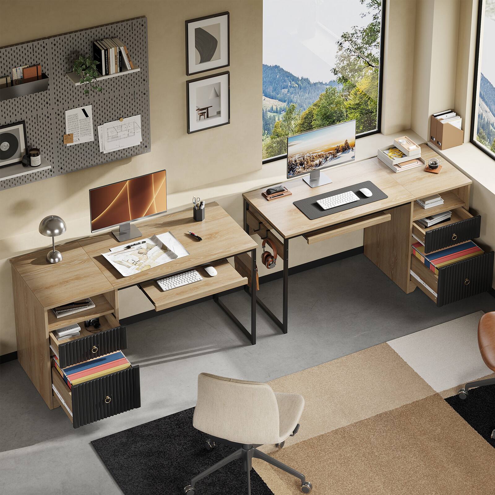 Alt View 7. Bestier - 55inch Executive Computer desk with Keyboard Tray Modern Storage File Drawer Fluted Panel 2 Hooks - Natual Oak.