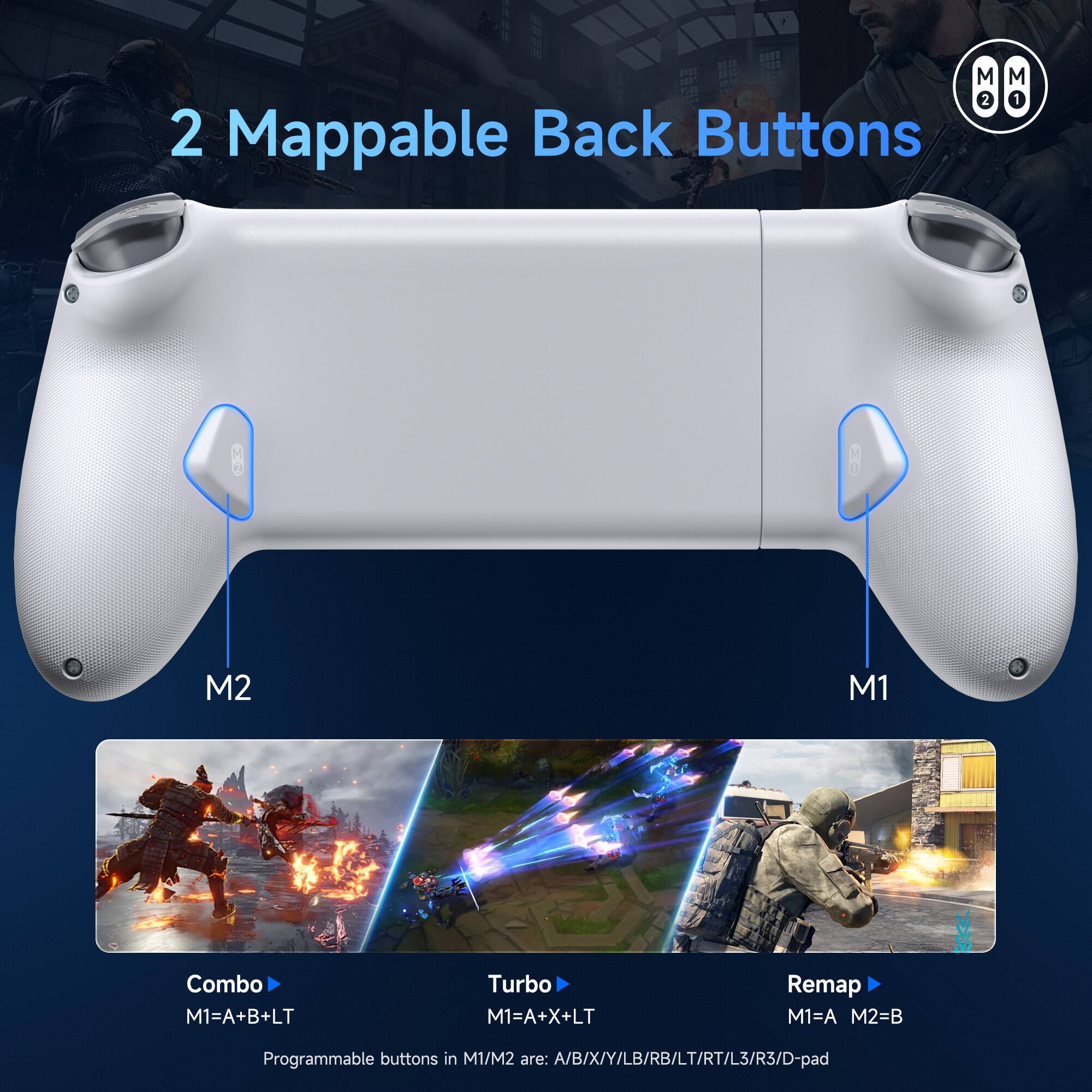 2 Mappable Back Buttons

M2
M1

Combo
M1=A+B+LT

Turbo
M1=A+X+LT

Remap
M1=A M2=B

Programmable buttons in M1/M2 are: A/B/X/Y/LB/RB/LT/RT/L3/R3/D-pad