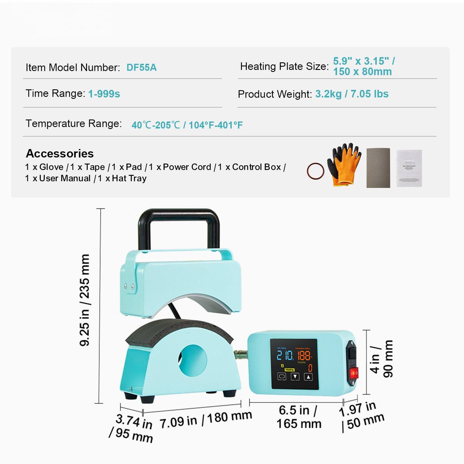 Item Model Number: DF55A  
Heating Plate Size: 5.9" x 3.15" / 150 x 80mm  
Time Range: 1-999s  
Product Weight: 3.2kg / 7.05 lbs  
Temperature Range: 40°C-205°C / 104°F-401°F  

Accessories:  
1 x Glove / 1 x Tape / 1 x Pad / 1 x Power Cord / 1 x Control Box / 1 x User Manual / 1 x Hat Tray  

Dimensions:  
- 9.25 in / 235 mm  
- 3.74 in / 95 mm  
- 6.5 in / 165 mm  
- 1.97 in / 50 mm  
- 4 in / 90 mm