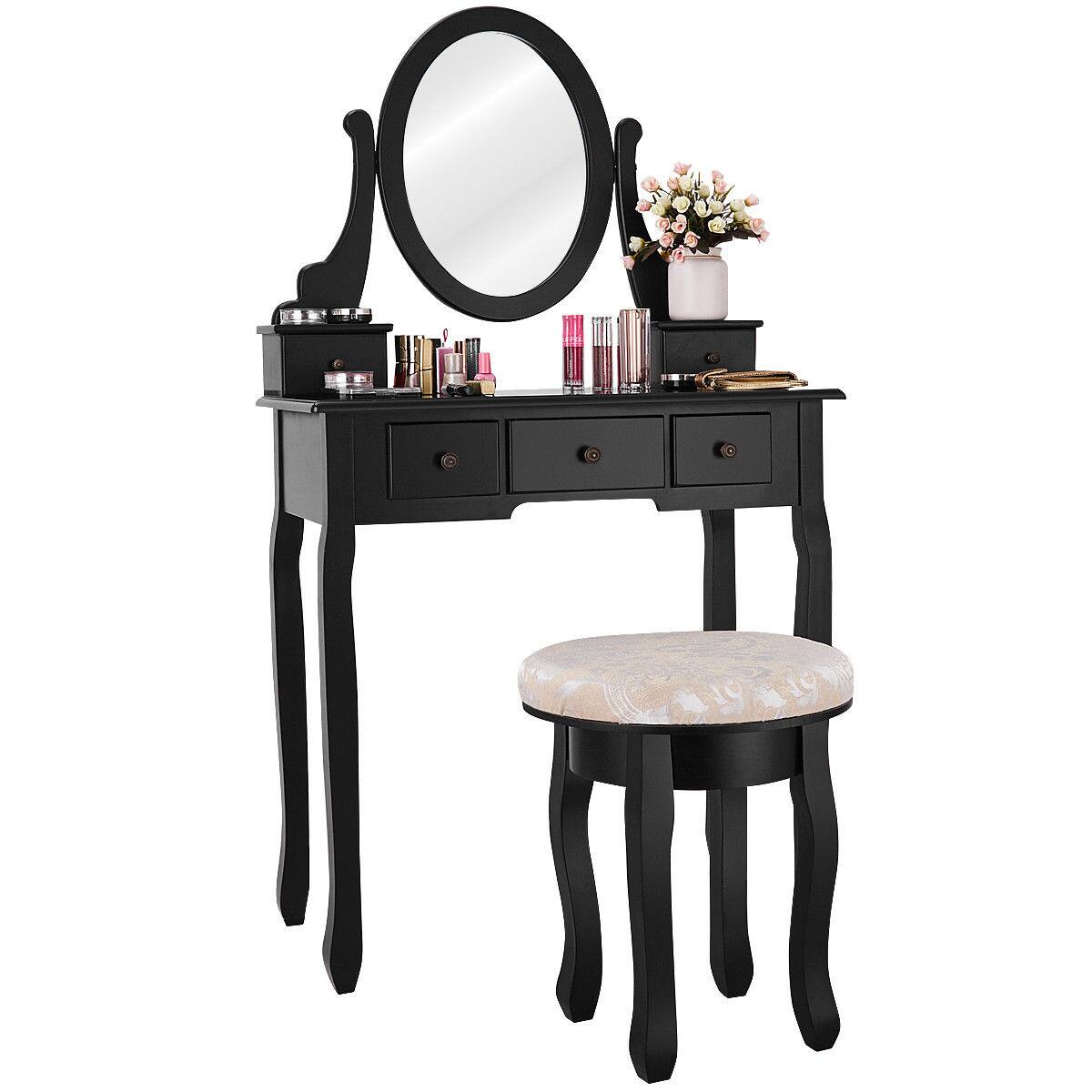 Alt View 5. Gymax - Gymax Black Makeup Table Vanity Table Set Cushioned Stool Mirror 5 Drawers - Black.
