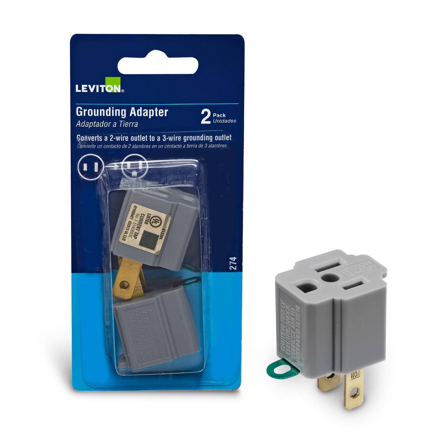 Leviton - Polarized 1 outlets Outlet Adapter 2 pk - Gray