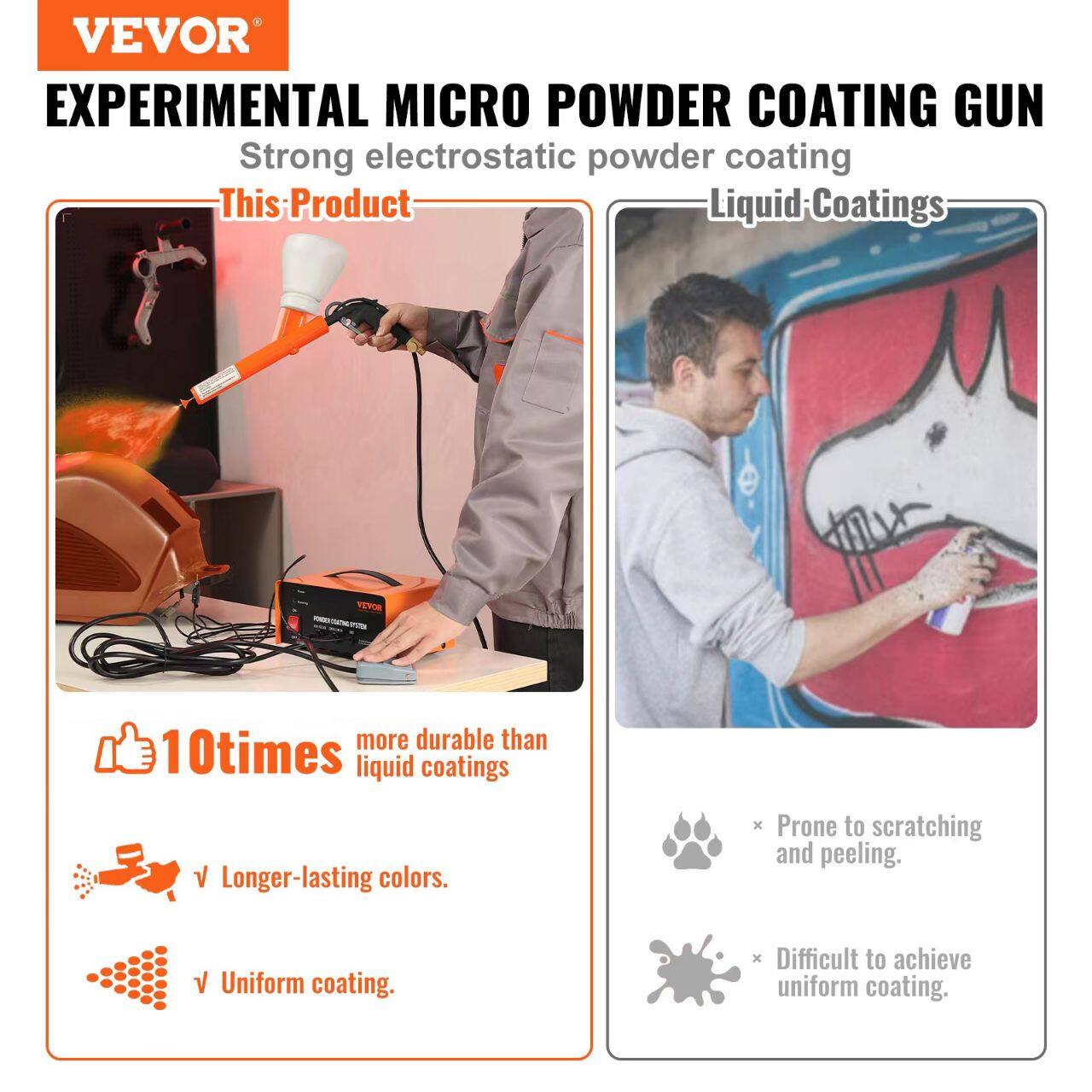 VEVOR EXPERIMENTAL MICRO POWDER COATING GUN  
Strong electrostatic powder coating  

This Product  
- 10 times more durable than liquid coatings  
- Longer-lasting colors  
- Uniform coating  

Liquid Coatings  
- Prone to scratching and peeling  
- Difficult to achieve uniform coating