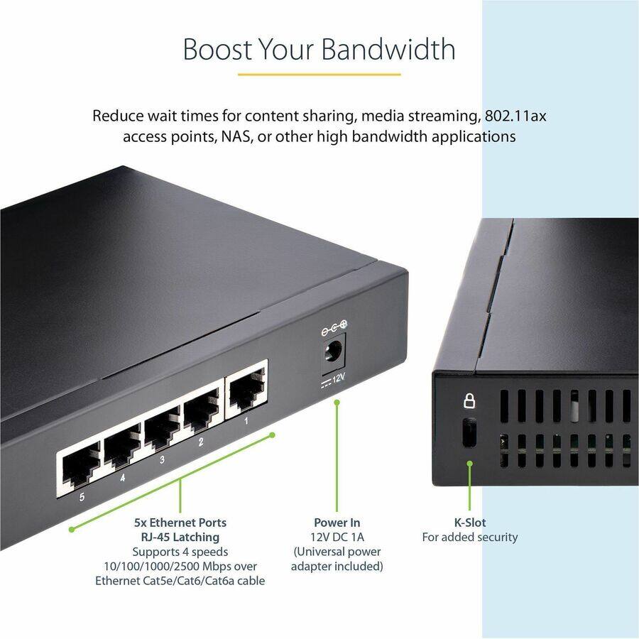 Boost Your Bandwidth

Reduce wait times for content sharing, media streaming, 802.11ax access points, NAS, or other high bandwidth applications

12V
1
3
2
A
5
5x Ethernet Ports RJ-45 Latching Supports 4 speeds 10/100/1000/2500 Mbps over Ethernet Cat5e/Cat6/Cat6a cable
Power In 12V DC 1A (Universal power adapter included)
K-Slot For added security