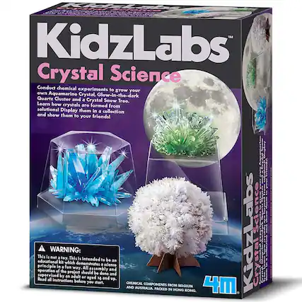MM KidzLabs Crystal Science Conduct chemical experiments to grow your own Aquamarine Crystal, Glow-in-the-dark Quartz Cluster and a Crystal Snow Tree. Learn how crystals are formed from solutions! Display them in a collection and show them to friends!
WARNING: This is not a toy. This is intended to be an educational kit which demonstrates a science principle in a fun way. All assembly and operation of the project should be done and supervised by an adult or aged 14 and up. Read all instructions before you start.
4m KidzLabs Crystal Science
COMPONENTS FROM BELGIUM AND AUSTRALIA. PACKED IN HONG KONG.