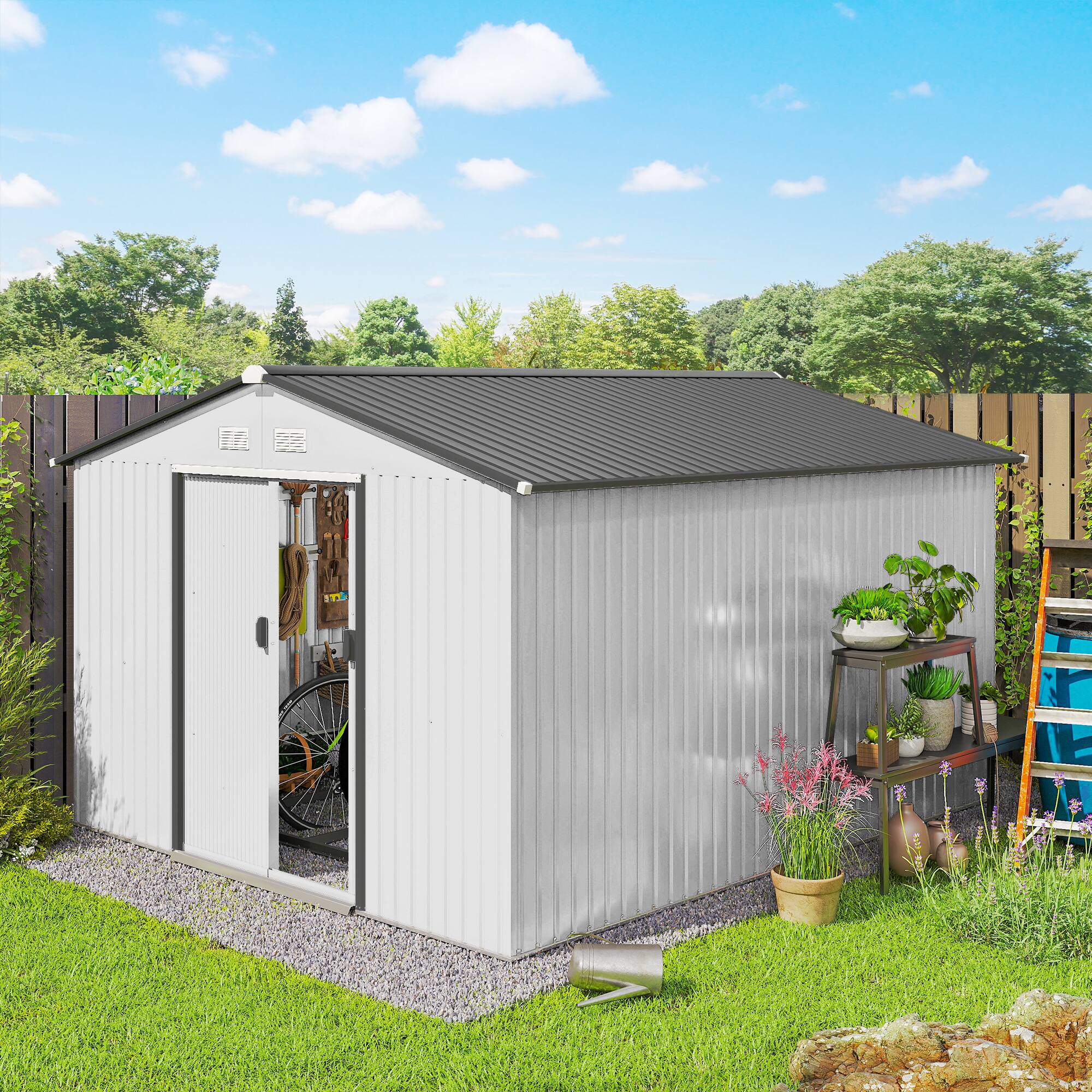 Alt View 1. Outsunny - x 9' Metal Storage Shed Garden Tool House with Double Sliding Doors, 4 Air Vents for Backyard.