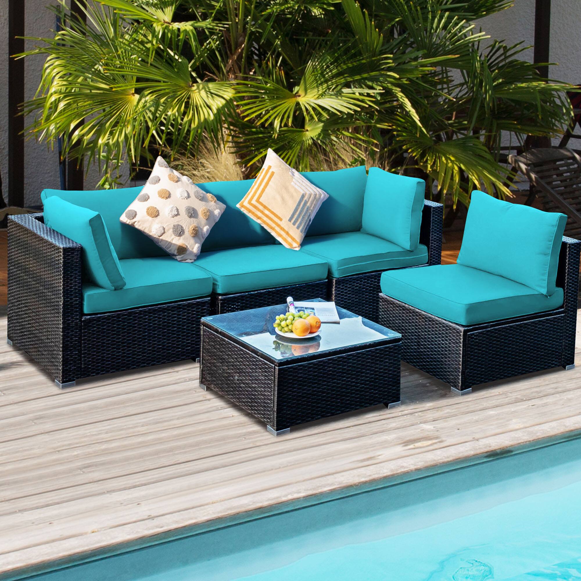 Alt View 3. Gymax - Gymax 5PCS Rattan Patio Conversation Set Sofa Furniture Set w/ Turquoise Cushions - Mix brown.