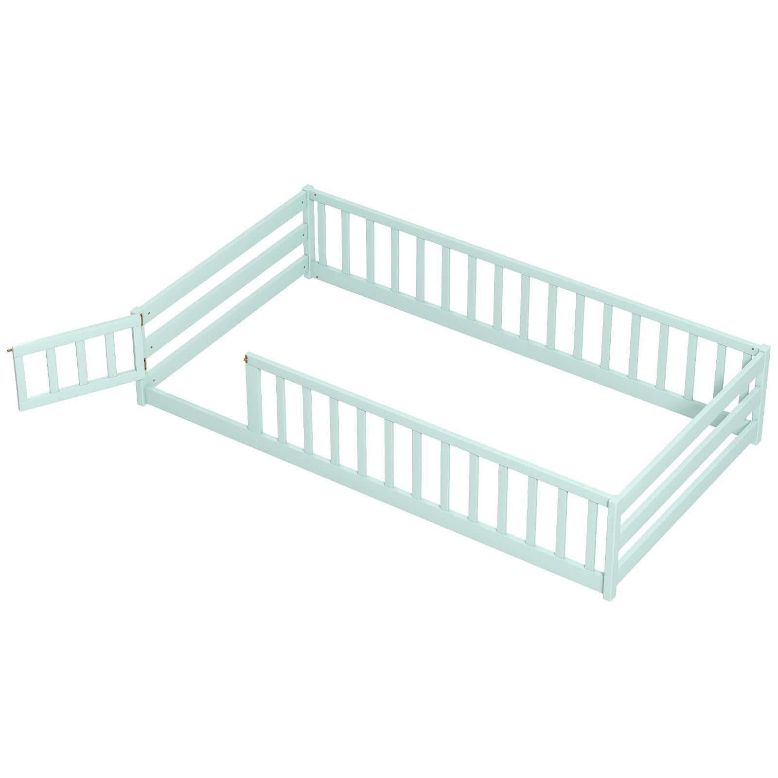 Costway - Twin Size Wooden Floor Bed with Full Length Safety Guardrails Door & Latch - Mint Sky price history on PriceWatchPro