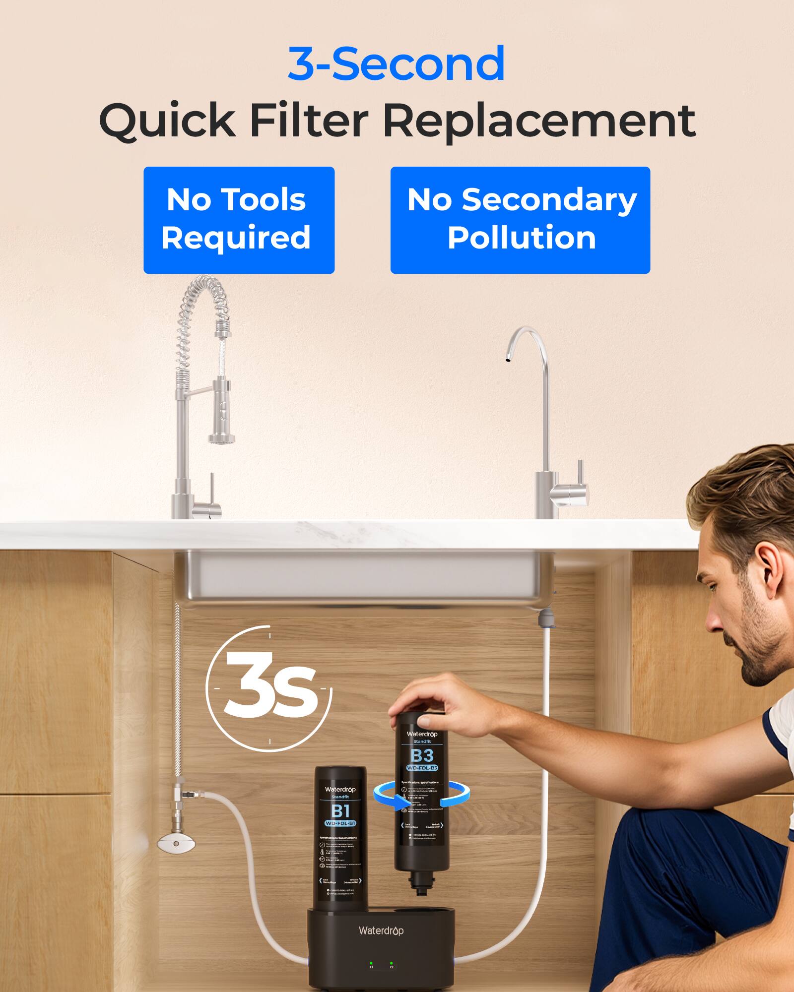 3-Second Quick Filter Replacement  
No Tools Required  
No Secondary Pollution  

3s vsterdrao | B3 PEE WEHHSIOD : B1 A- PA  

Waterdrop