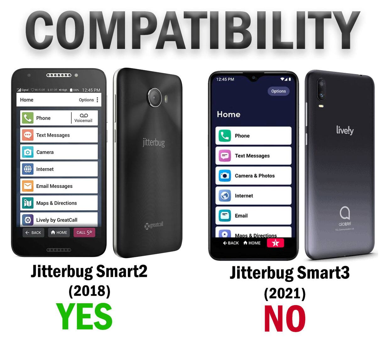 COMPATIBILITY

12:45 PM Signal WhE of O O8 egh Home 100% 12:45 PM

Options
Phone
Voicemail
Text Messages
Camera
Internet
Email Messages
Maps & Directions
Lively by GreatCall

BACK HOME CALL 5*

Jitterbug Smart2 (2018) YES

Jitterbug Smart3 (2021) NO