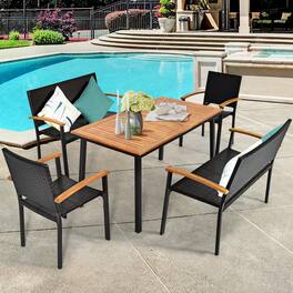 Gymax - 5PCS Rattan Outdoor Dining Set Patio Furniture Set w/ Wooden Tabletop - Black