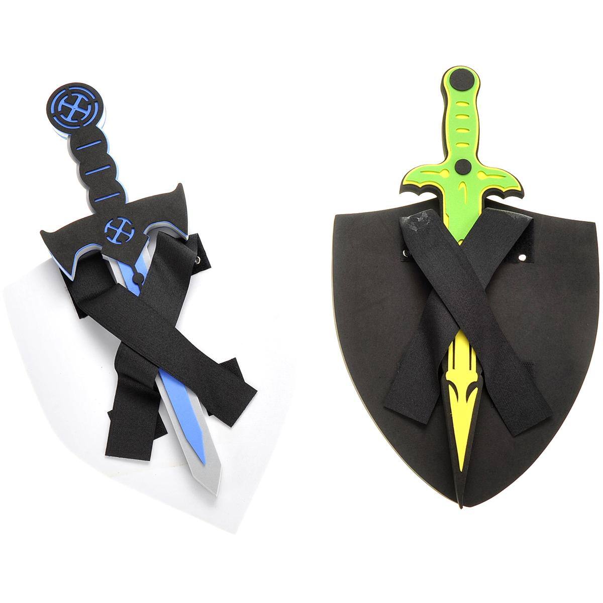 Left. JuzToys - 2-Pack Foam Swords and Shields Toy Weapons – Pretend Play Fake Swords Toy, Role Play Knight Costume for Kids, Blue/Green - Multicolored.