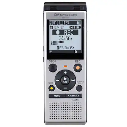 The text on the image reads: "20d L a nhtea R OM SYSTEM WS-882 230101_0123 III A 123/123 MP3 128 REC 34m56 L R: III IN 57h 00m 45s H 1 STOP REC + ERASE K4 OK D FOLDER INDEX MENU CALENDAR SCENE."