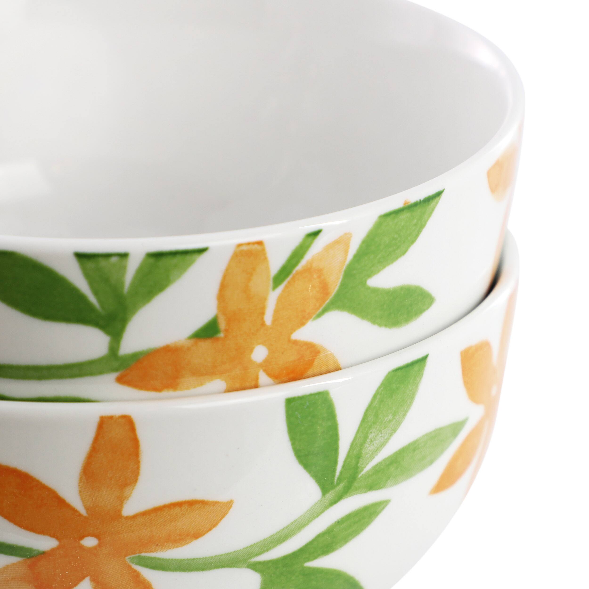Left. Gibson - Gibson Home Surrey Hill 2 Piece Fine Ceramic Cereal Bowl Set in Orange Floral - Orange Floral.